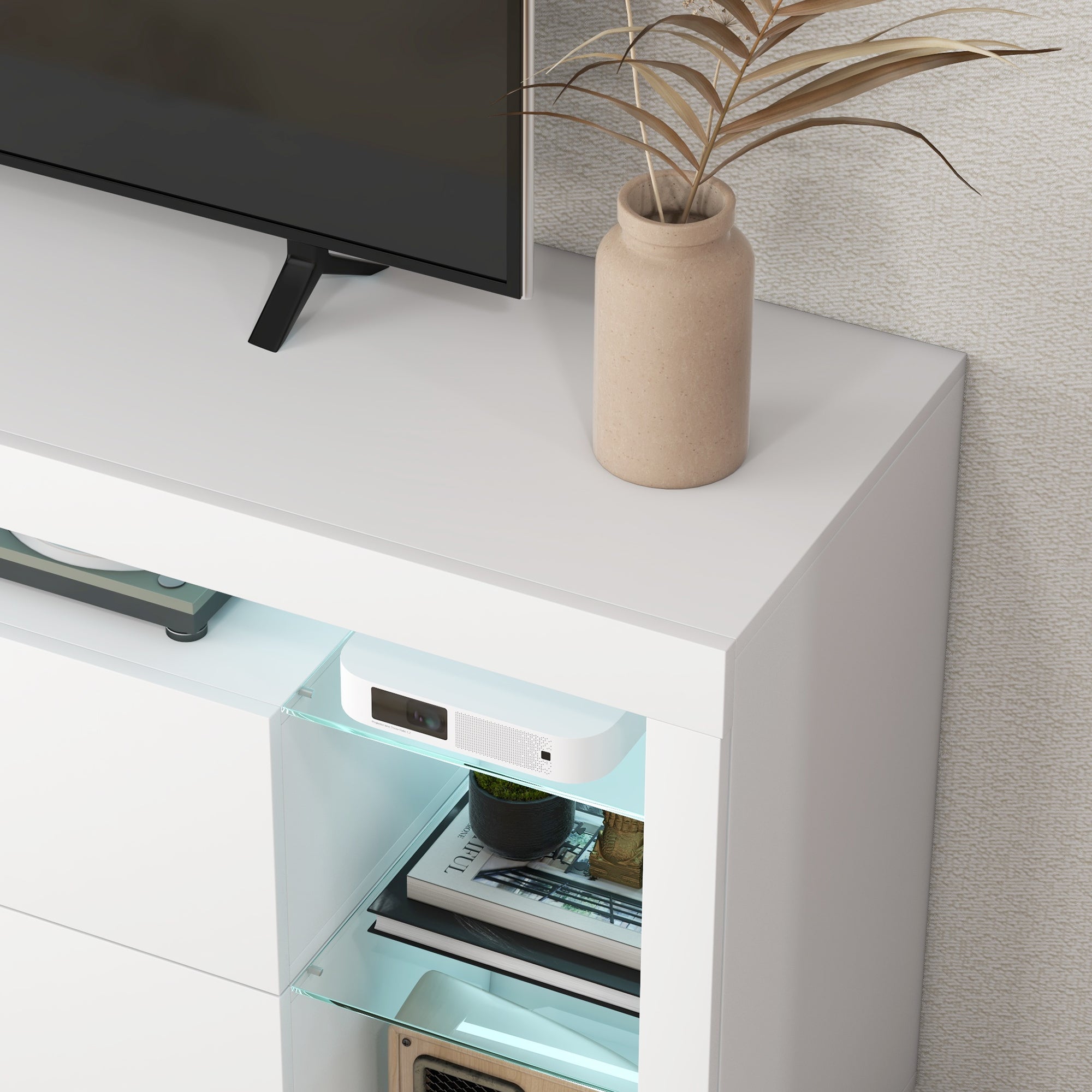 HOMCOM TV Stand Cabinet with LED Lights for TVs up to 55", High Gloss Entertainment Center with Flip-up Doors, Glass Shelves and Remote, TV Unit for Living Room, Bedroom, White