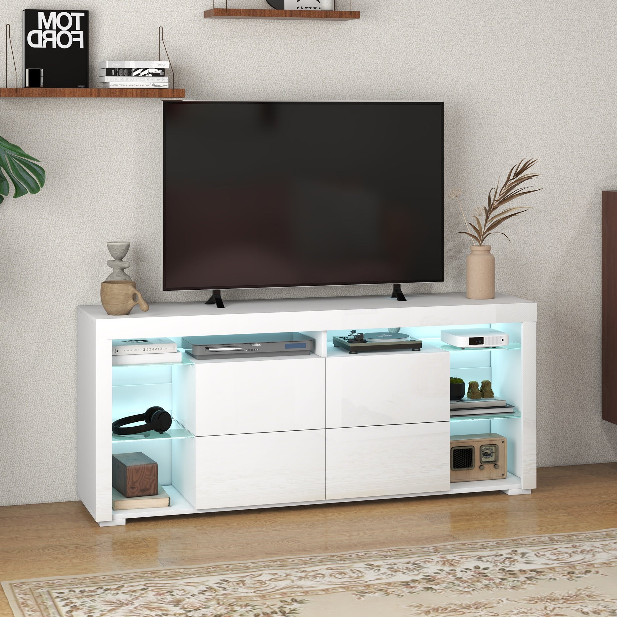 HOMCOM TV Stand Cabinet with LED Lights for TVs up to 55", High Gloss Entertainment Center with Flip-up Doors, Glass Shelves and Remote, TV Unit for Living Room, Bedroom, White
