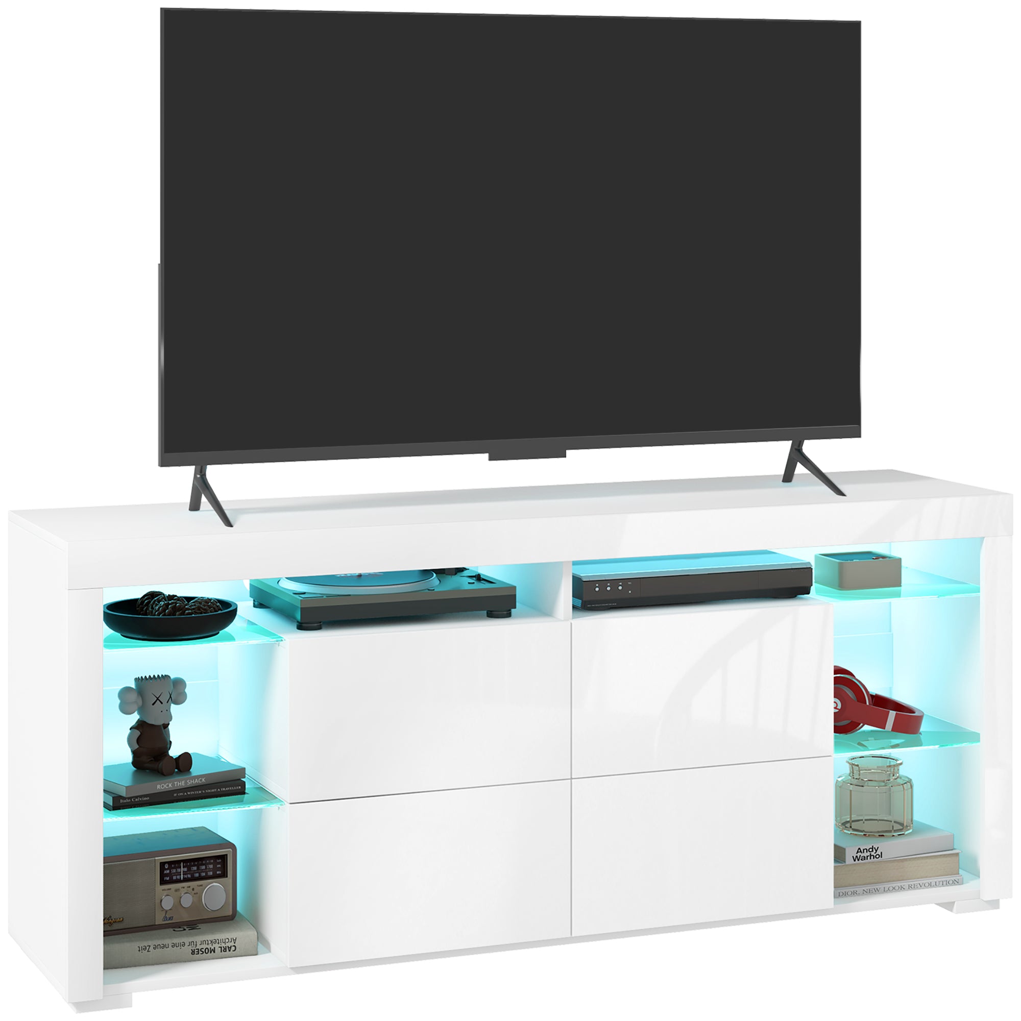 HOMCOM TV Stand Cabinet with LED Lights for TVs up to 55", High Gloss Entertainment Center with Flip-up Doors, Glass Shelves and Remote, TV Unit for Living Room, Bedroom, White