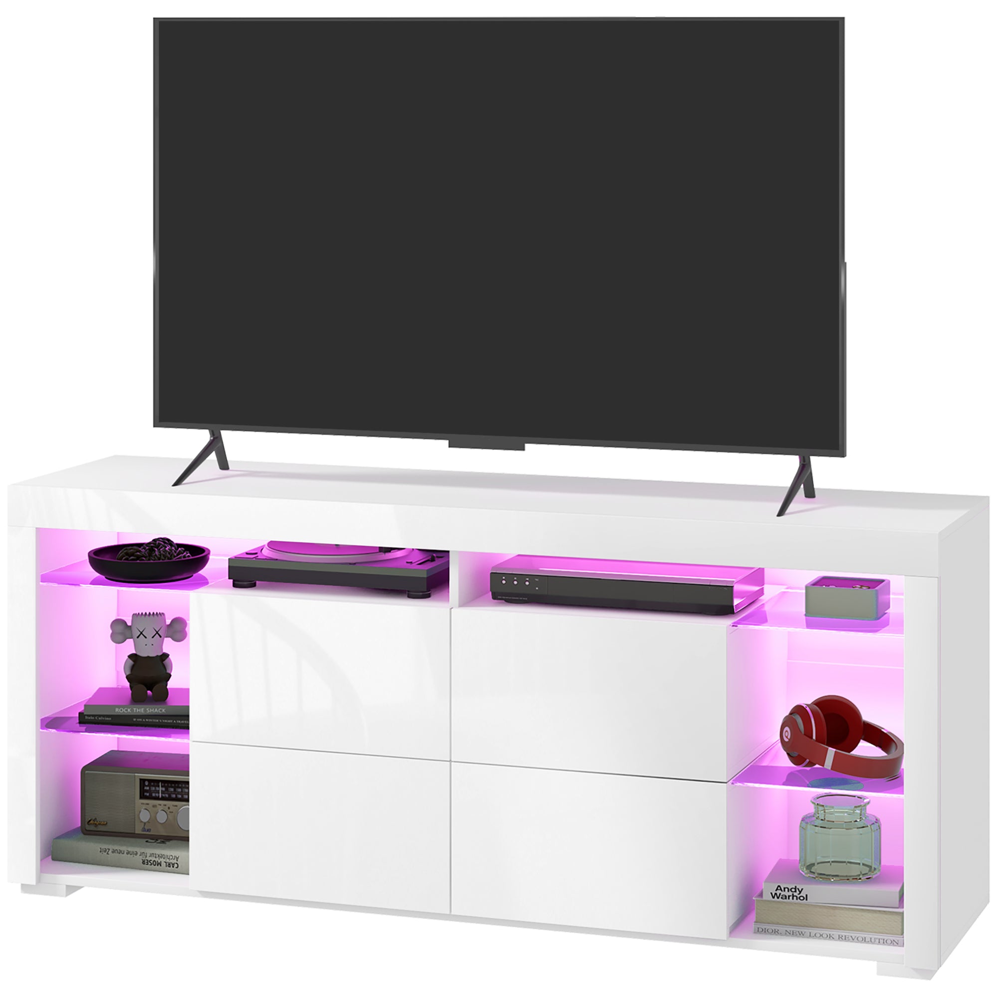 HOMCOM TV Stand Cabinet with LED Lights for TVs up to 55", High Gloss Entertainment Center with Flip-up Doors, Glass Shelves and Remote, TV Unit for Living Room, Bedroom, White