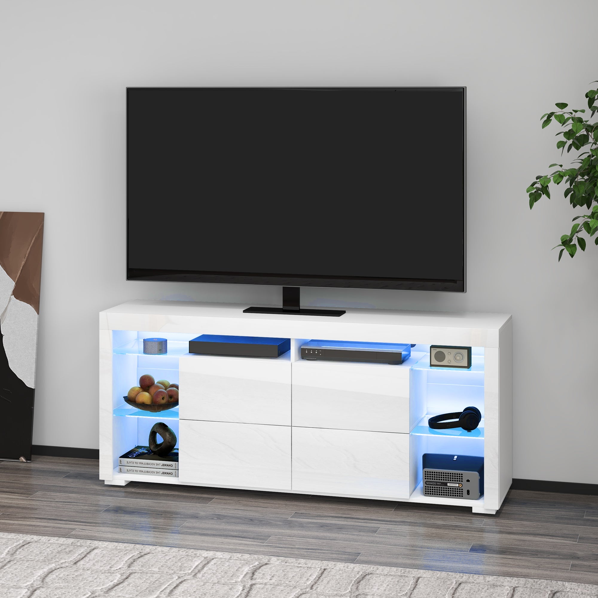 HOMCOM TV Stand Cabinet with LED Lights for TVs up to 55", High Gloss Entertainment Center with Flip-up Doors, Glass Shelves and Remote, TV Unit for Living Room, Bedroom, White