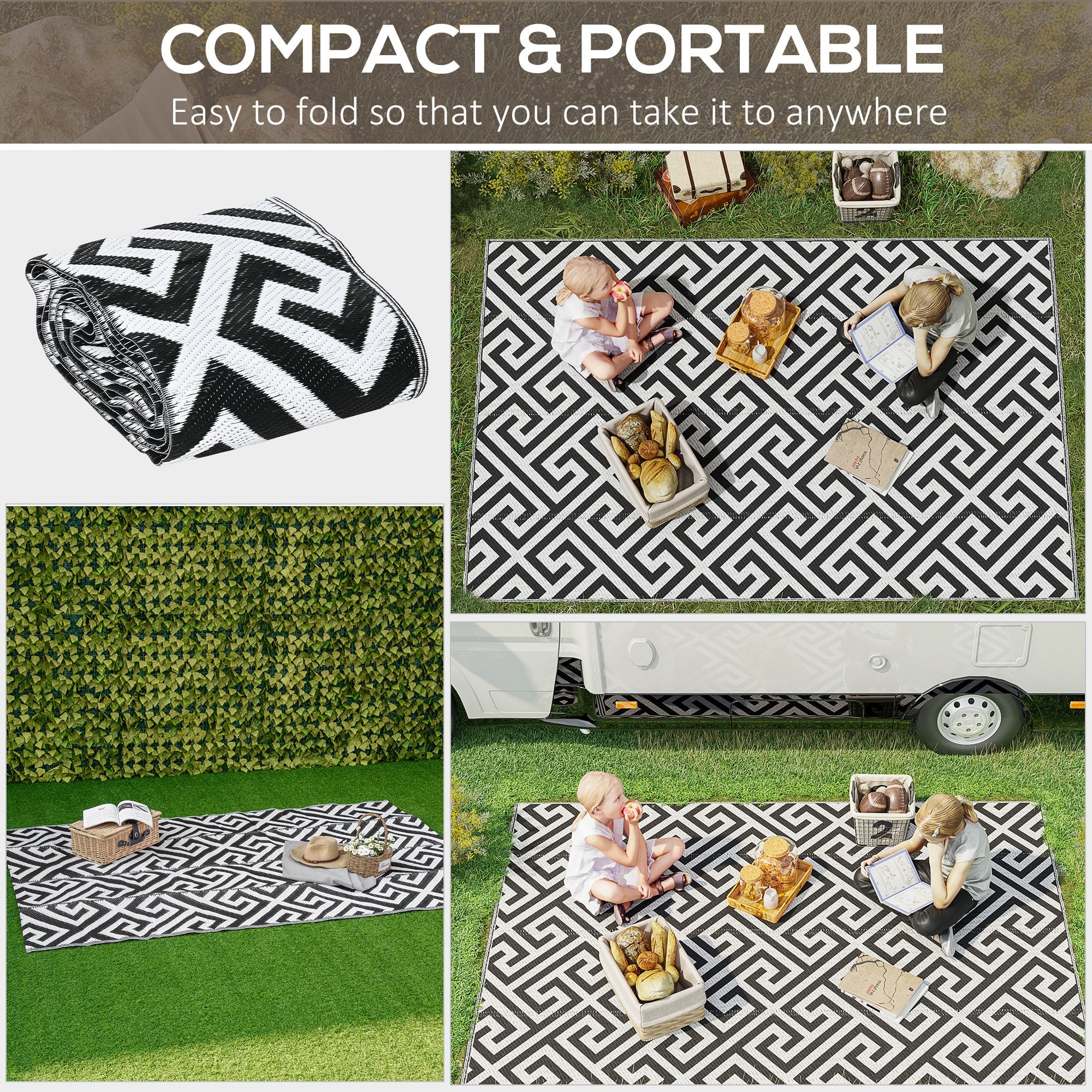 Outsunny Reversible Outdoor RV Rug, 5' x 8' Patio Floor Mat, Plastic Straw Rug for Backyard, Deck, Picnic, Beach, Camping, Black and White
