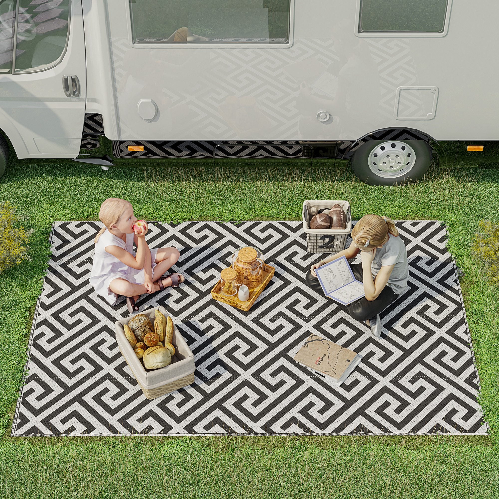 Outsunny Reversible Outdoor RV Rug, 5' x 8' Patio Floor Mat, Plastic Straw Rug for Backyard, Deck, Picnic, Beach, Camping, Black and White