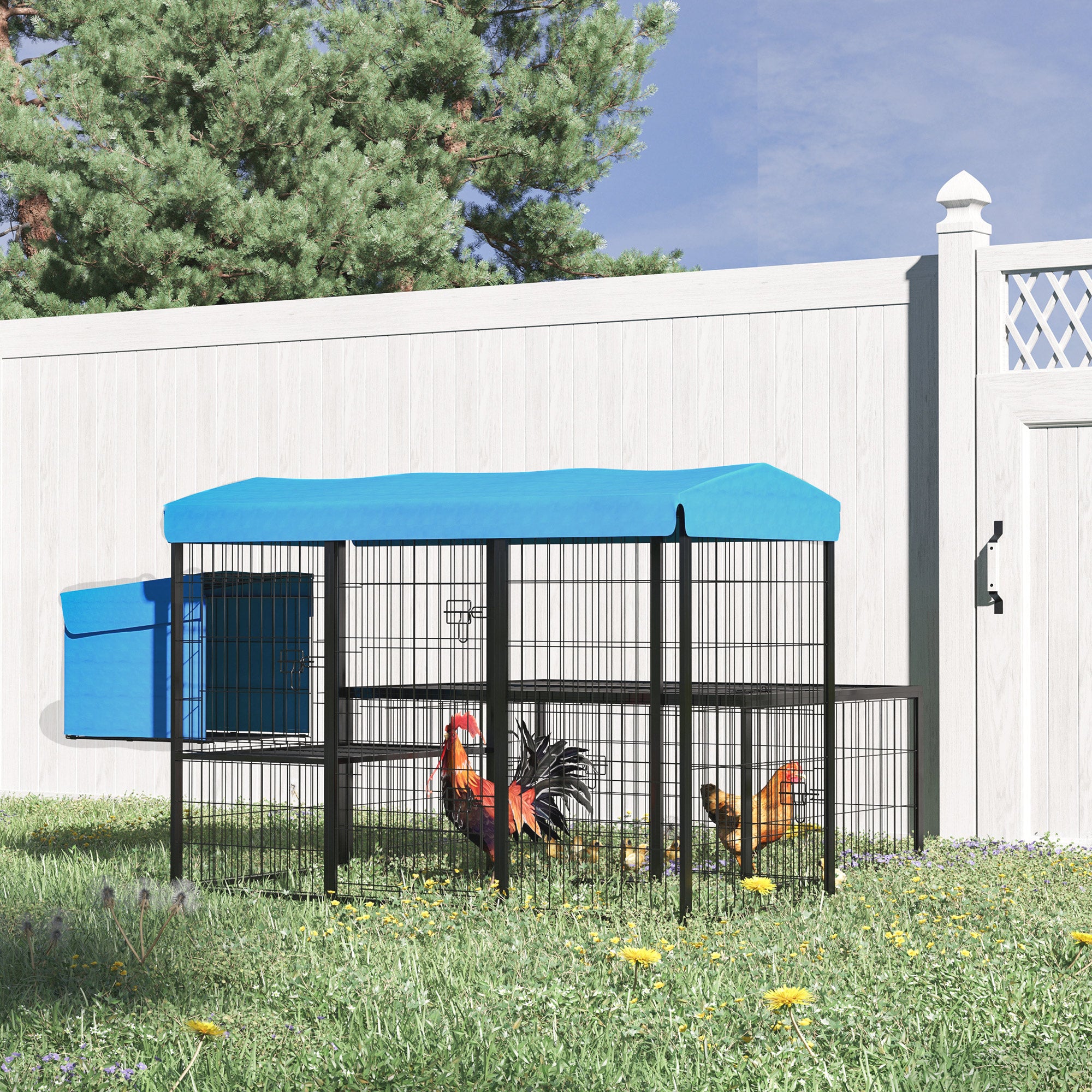 PawHut Metal Chicken Coop, Outdoor Hen House Poultry Cage with Water-Resistant Canopy, Run, Nesting Box, and Lockable Doors, Blue
