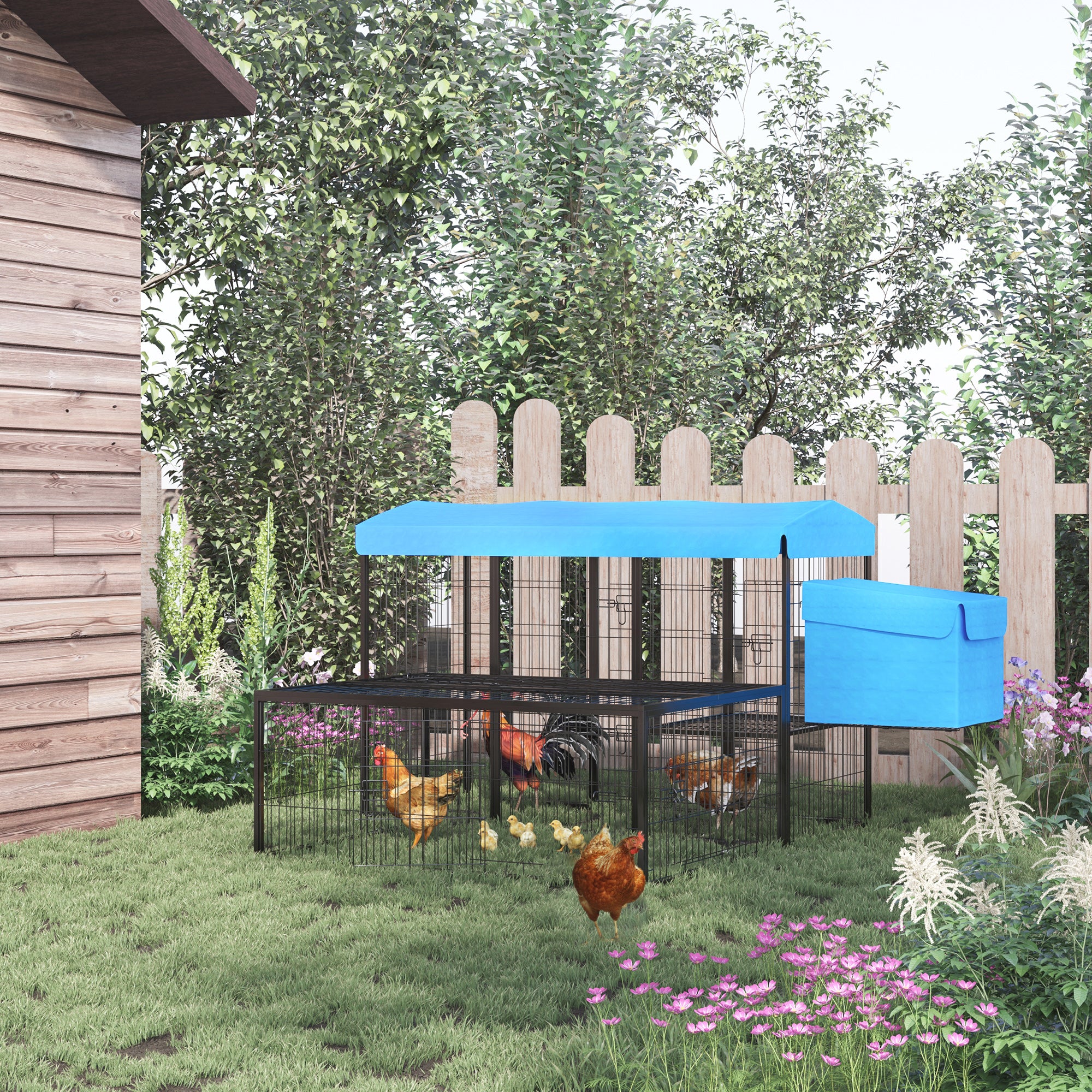 PawHut Metal Chicken Coop, Outdoor Hen House Poultry Cage with Water-Resistant Canopy, Run, Nesting Box, and Lockable Doors, Blue