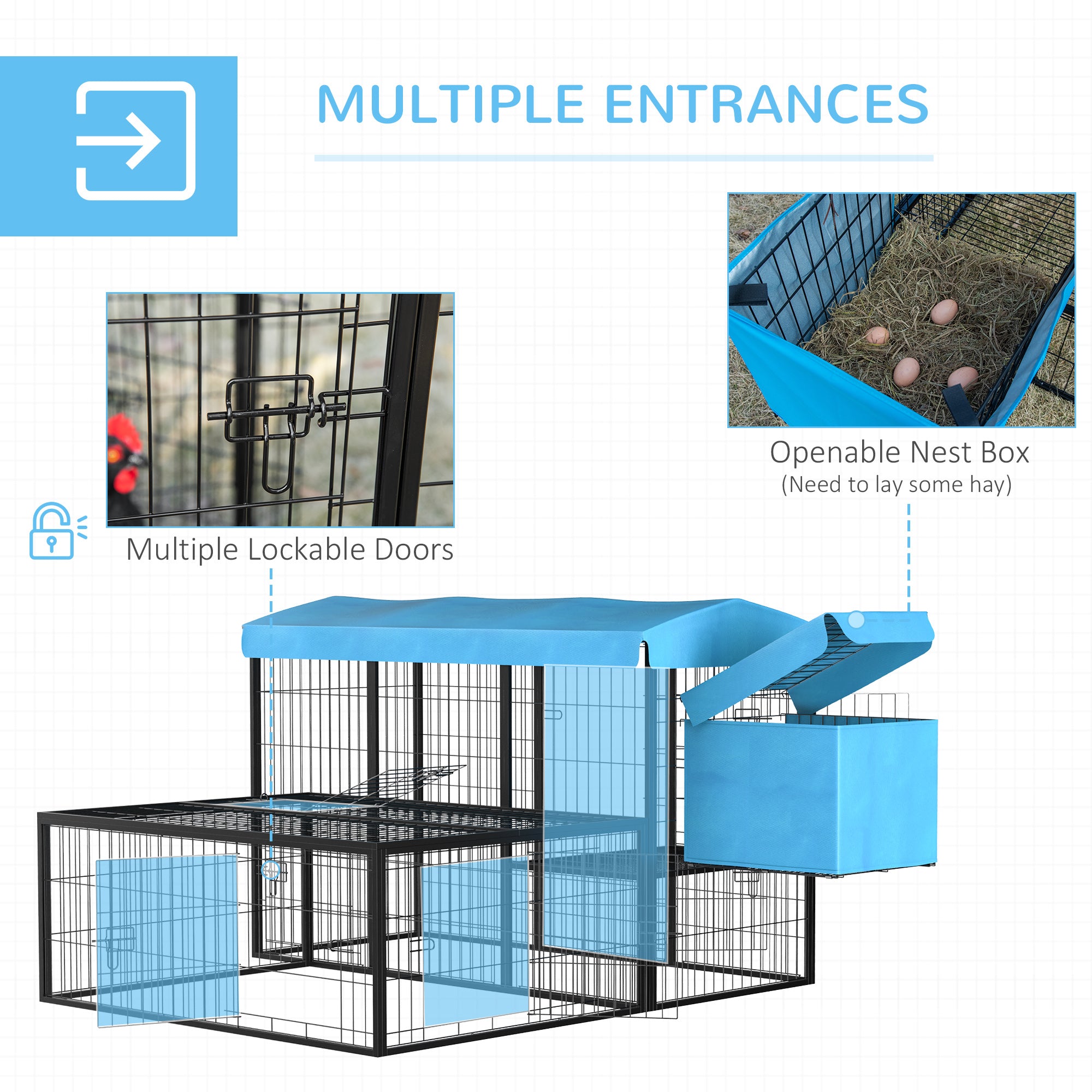 PawHut Metal Chicken Coop, Outdoor Hen House Poultry Cage with Water-Resistant Canopy, Run, Nesting Box, and Lockable Doors, Blue