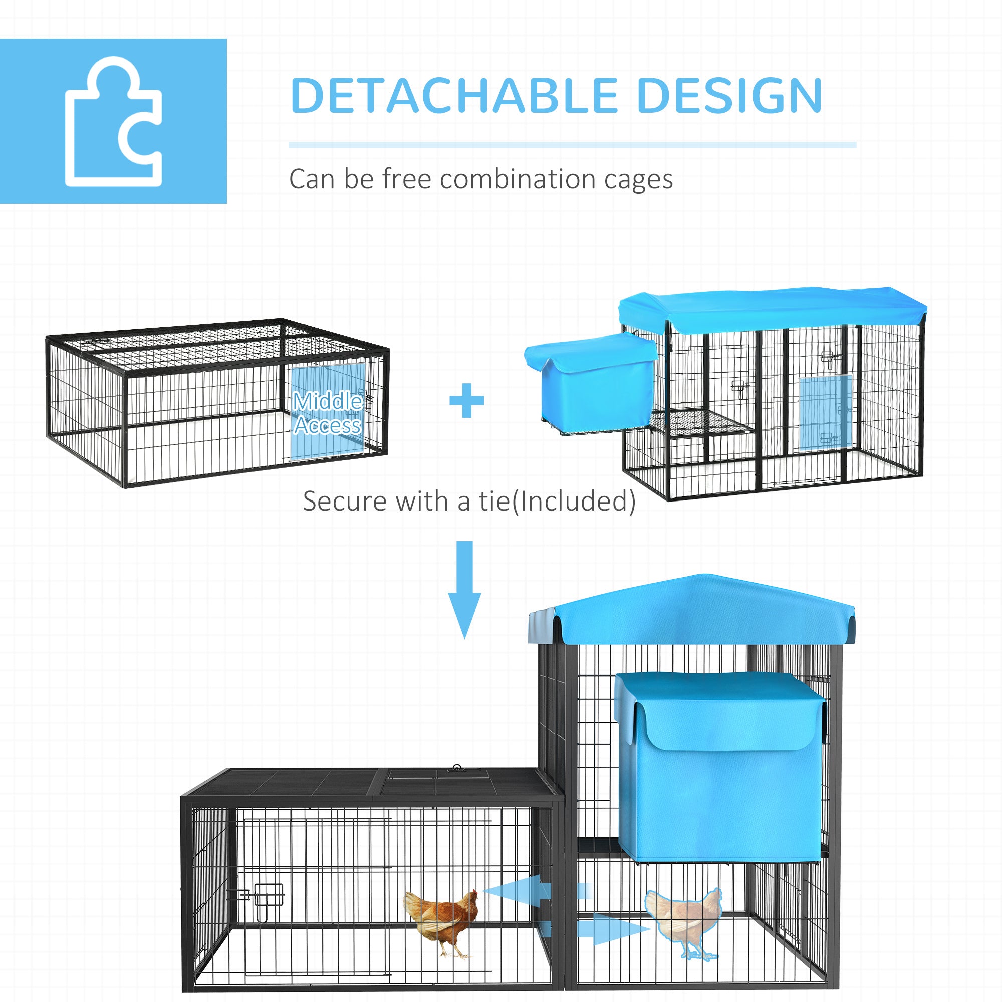 PawHut Metal Chicken Coop, Outdoor Hen House Poultry Cage with Water-Resistant Canopy, Run, Nesting Box, and Lockable Doors, Blue