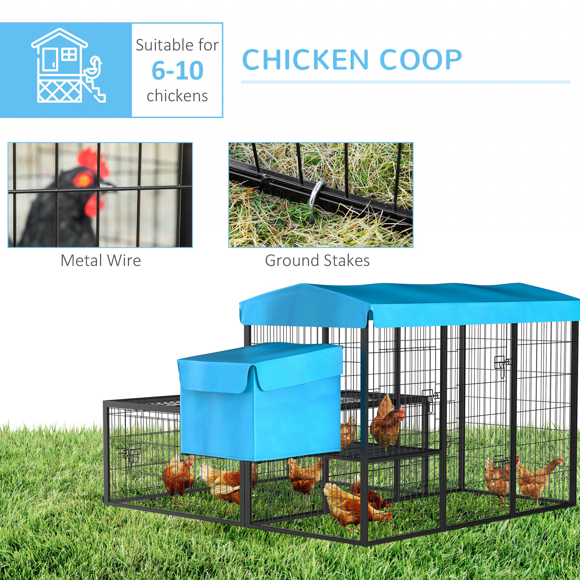 PawHut Metal Chicken Coop, Outdoor Hen House Poultry Cage with Water-Resistant Canopy, Run, Nesting Box, and Lockable Doors, Blue