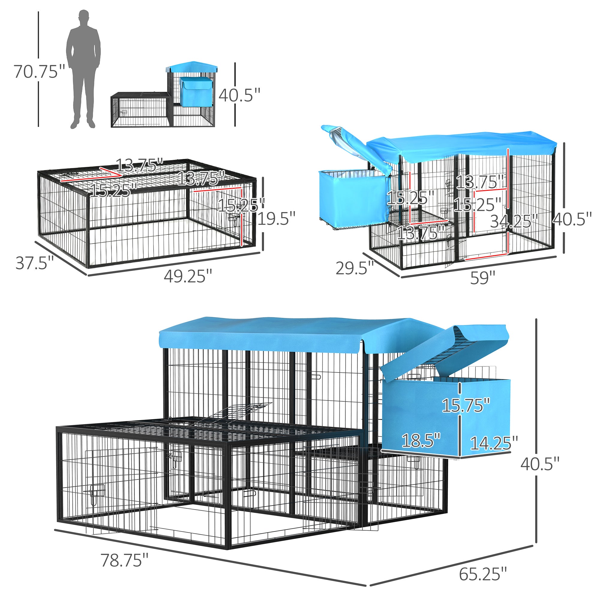 PawHut Metal Chicken Coop, Outdoor Hen House Poultry Cage with Water-Resistant Canopy, Run, Nesting Box, and Lockable Doors, Blue