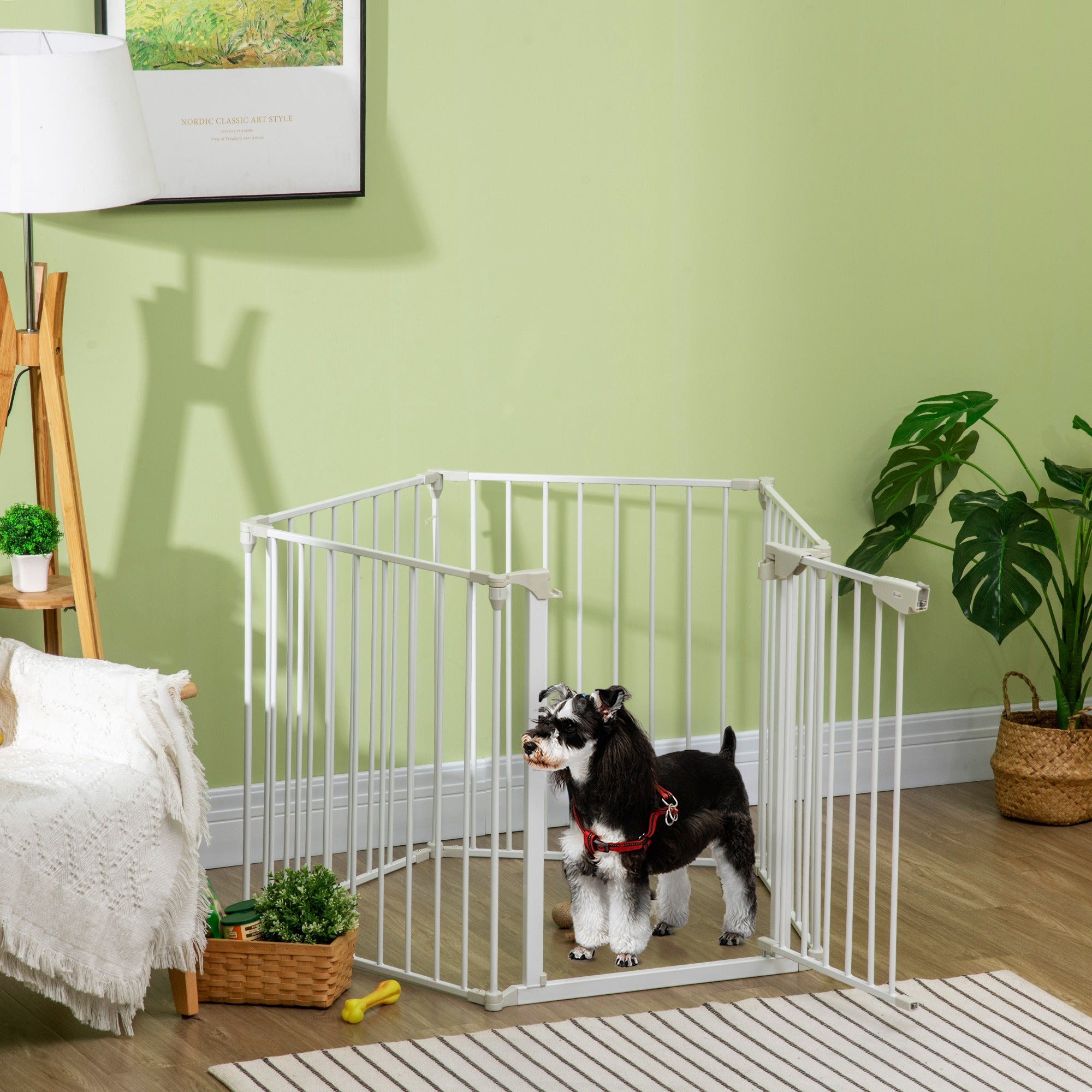 PawHut Pet Safety Gate, 5 Panels Playpen Fireplace, Metal Fence, Stair Barrier, Room Divider w/ Walk-Through Door - White