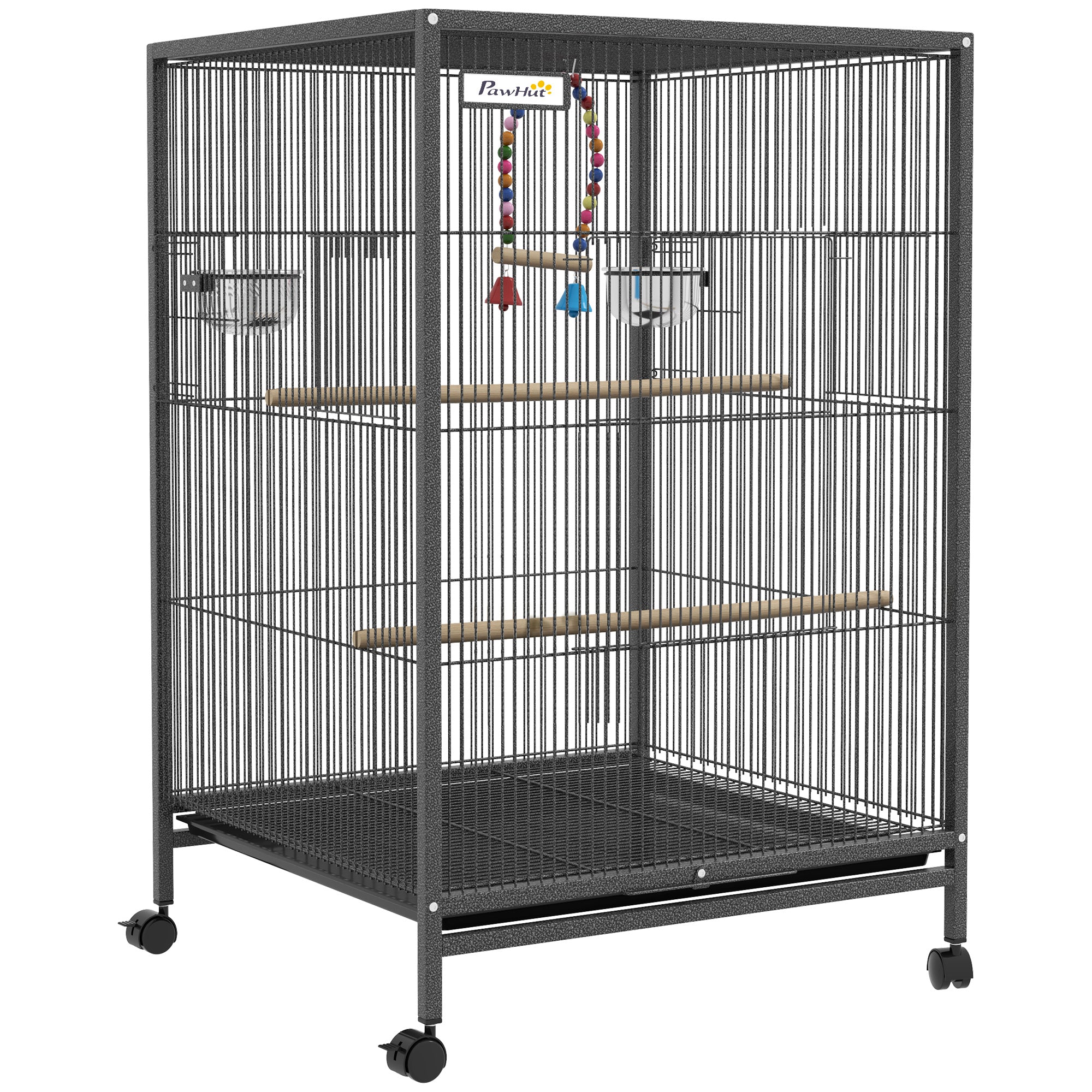 PawHut 29" Bird Cage for Parrots Lovebirds Budgies Finches, Flight Cage with 5 Doors, Swing, Stainless Steel Bowls, Removable Tray, Wheel, Grey