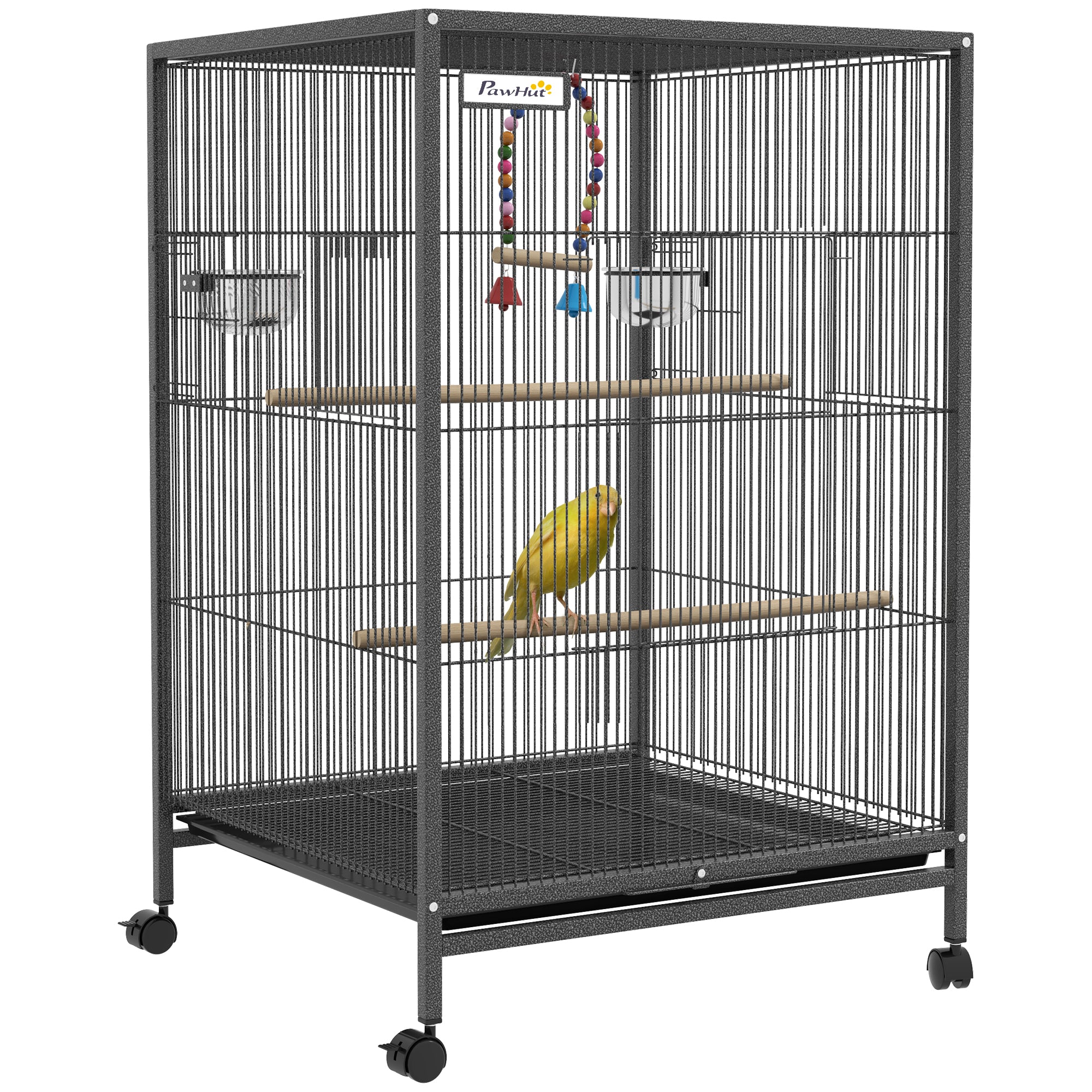PawHut 29" Bird Cage for Parrots Lovebirds Budgies Finches, Flight Cage with 5 Doors, Swing, Stainless Steel Bowls, Removable Tray, Wheel, Grey