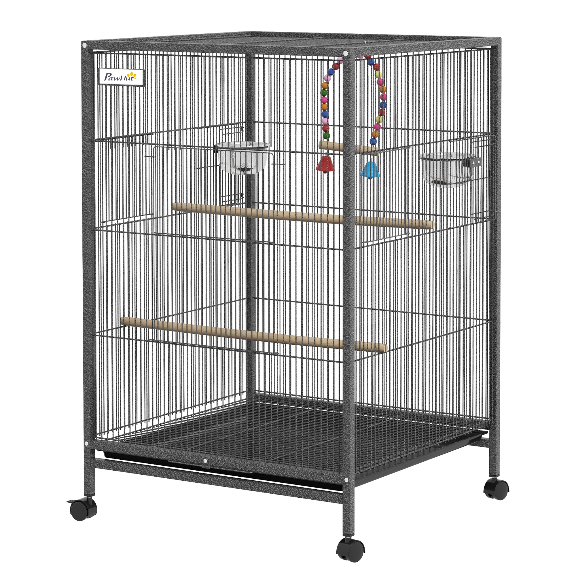 PawHut 29" Bird Cage for Parrots Lovebirds Budgies Finches, Flight Cage with 5 Doors, Swing, Stainless Steel Bowls, Removable Tray, Wheel, Grey