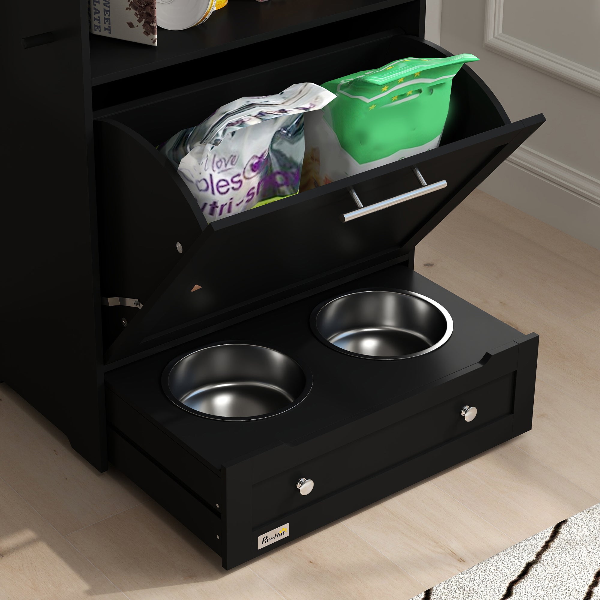 PawHut Cat Dog Feeding Station, Dog Food Storage Cabinet, Pet Feeder Container with Raised Dog Bowls and Hanger for Feeding & Watering Supplies, Black