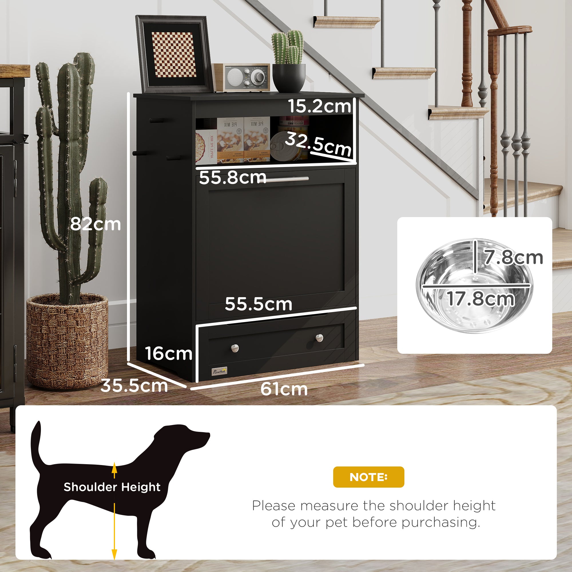 PawHut Pet Feeder Station, Dog Food Storage Container w/ Raised Dog Bowls, Hanger, for Food and Water - Black