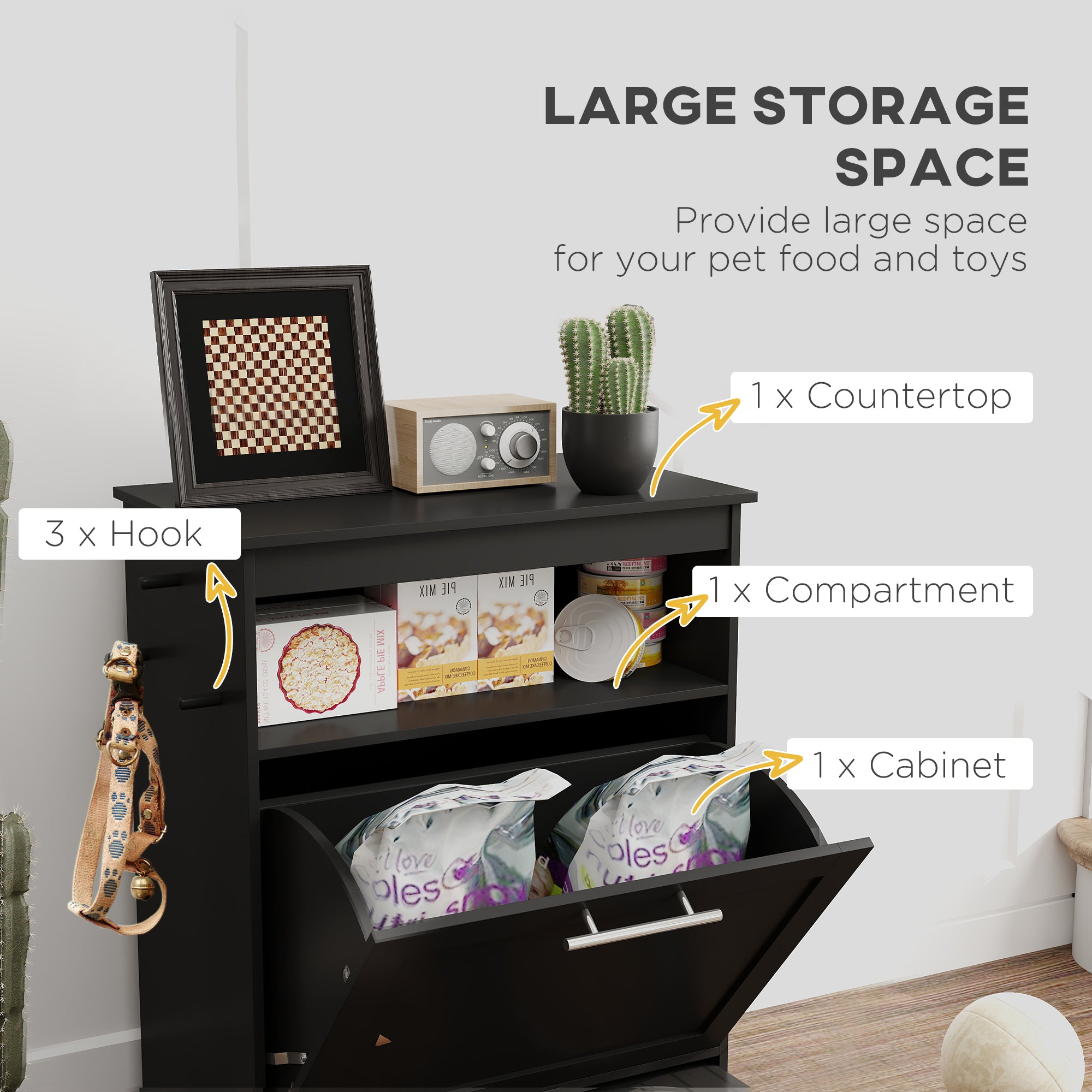 PawHut Cat Dog Feeding Station, Dog Food Storage Cabinet, Pet Feeder Container with Raised Dog Bowls and Hanger for Feeding & Watering Supplies, Black