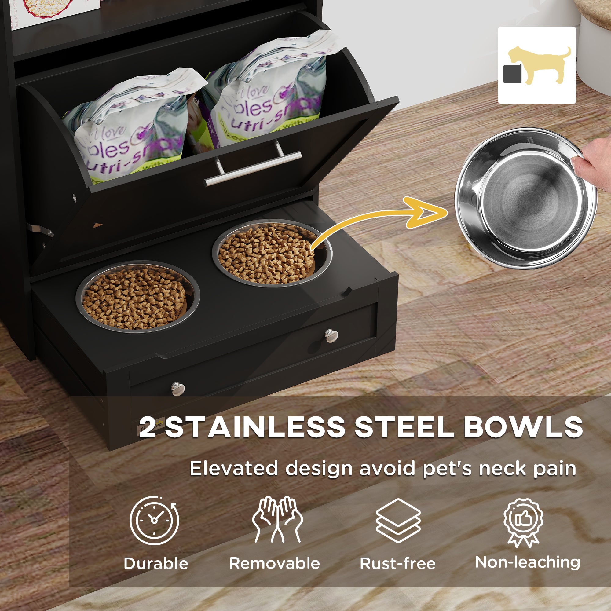 PawHut Cat Dog Feeding Station, Dog Food Storage Cabinet, Pet Feeder Container with Raised Dog Bowls and Hanger for Feeding & Watering Supplies, Black
