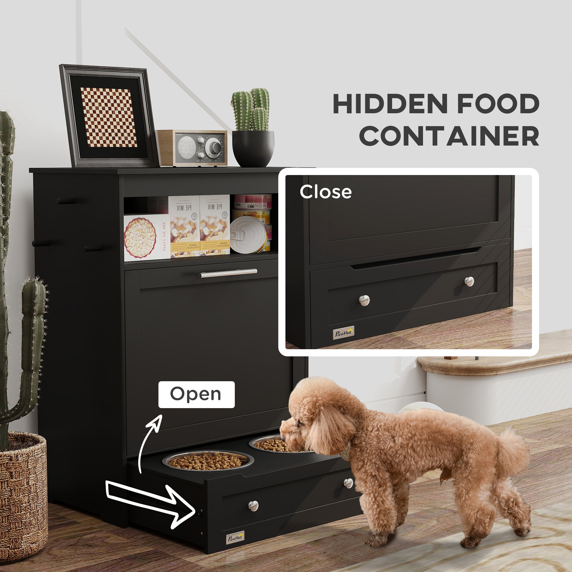 PawHut Cat Dog Feeding Station, Dog Food Storage Cabinet, Pet Feeder Container with Raised Dog Bowls and Hanger for Feeding & Watering Supplies, Black