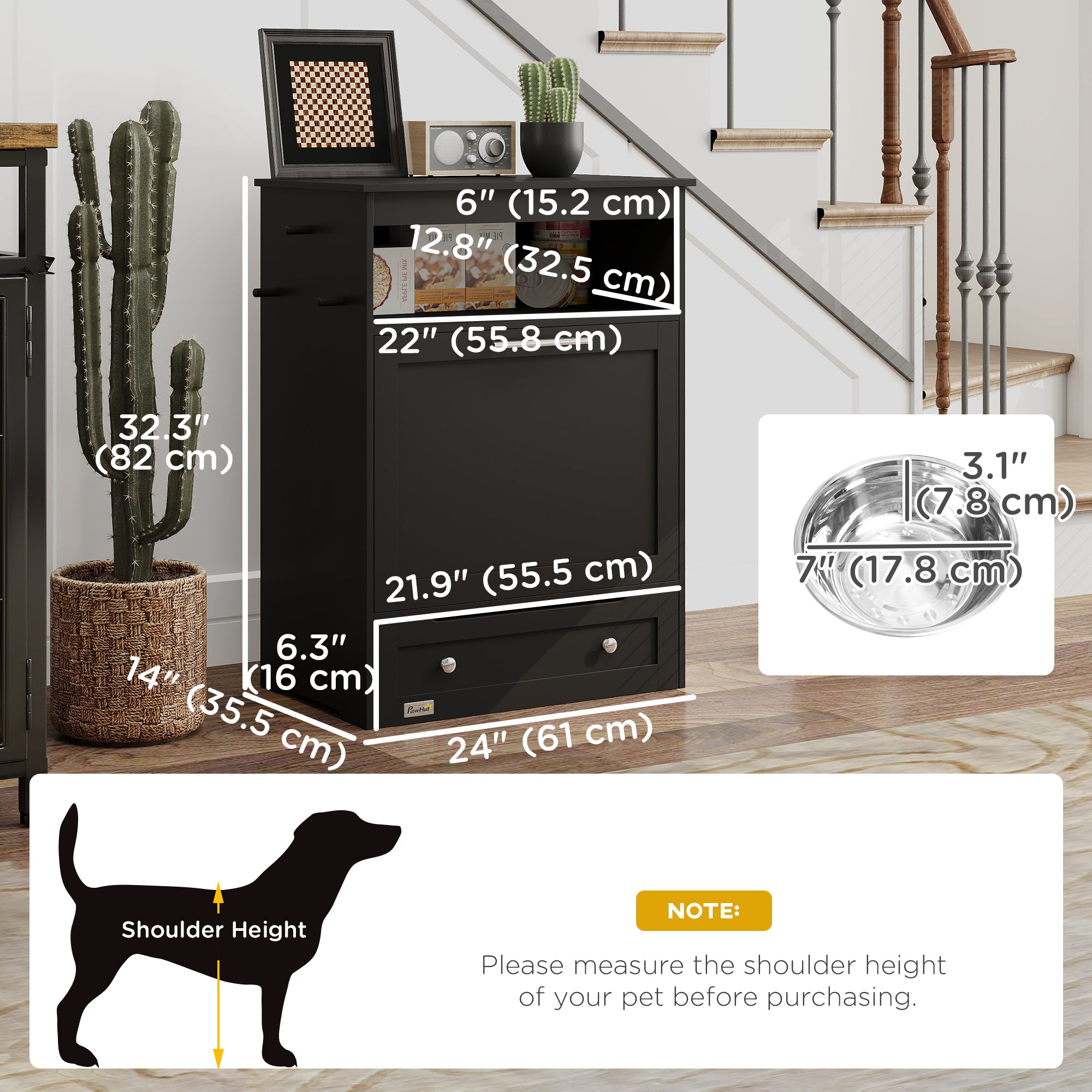 PawHut Cat Dog Feeding Station, Dog Food Storage Cabinet, Pet Feeder Container with Raised Dog Bowls and Hanger for Feeding & Watering Supplies, Black