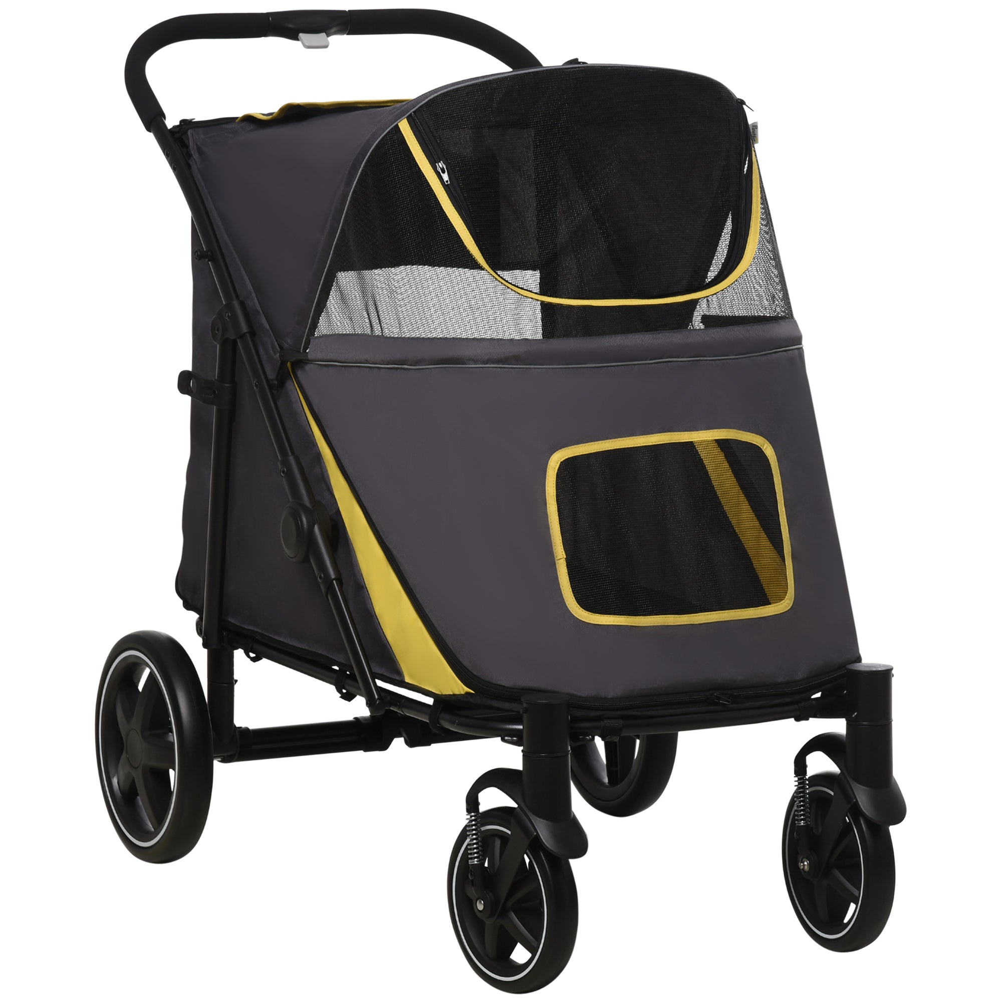 PawHut Pet Stroller with Universal Front Wheels, Shock Absorber, One-Click Foldable Dog Cat Carriage with Brakes, Storage Bags, Safety Leash for Large & Medium Dogs, Dark Gray