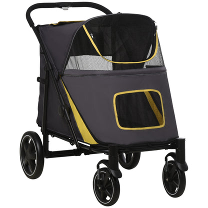 PawHut Pet Stroller with Universal Front Wheels, Shock Absorber, One-Click Foldable Dog Cat Carriage with Brakes, Storage Bags, Safety Leash for Large & Medium Dogs, Dark Gray