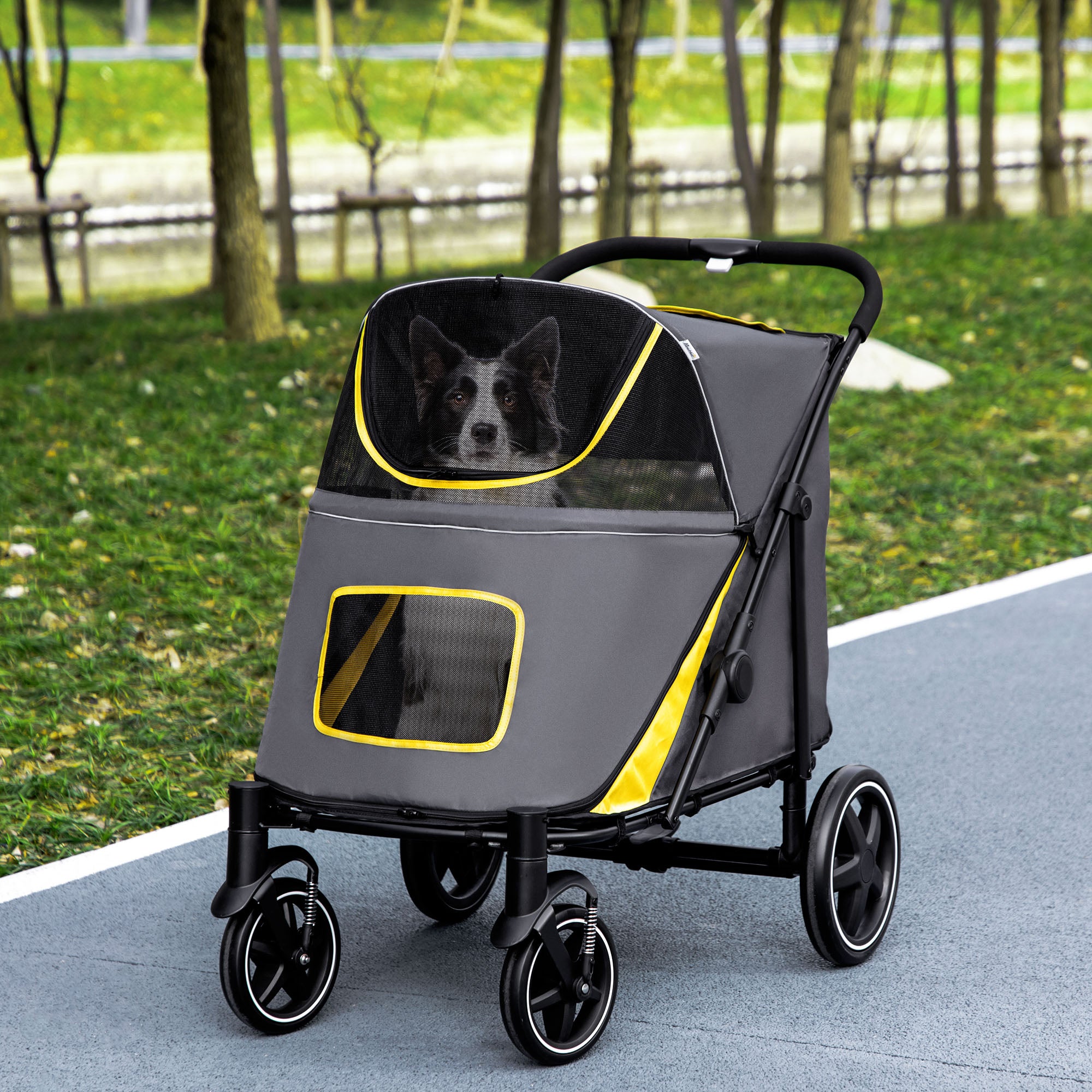 PawHut Pet Stroller with Universal Front Wheels, Shock Absorber, One-Click Foldable Dog Cat Carriage with Brakes, Storage Bags, Safety Leash for Large & Medium Dogs, Dark Gray