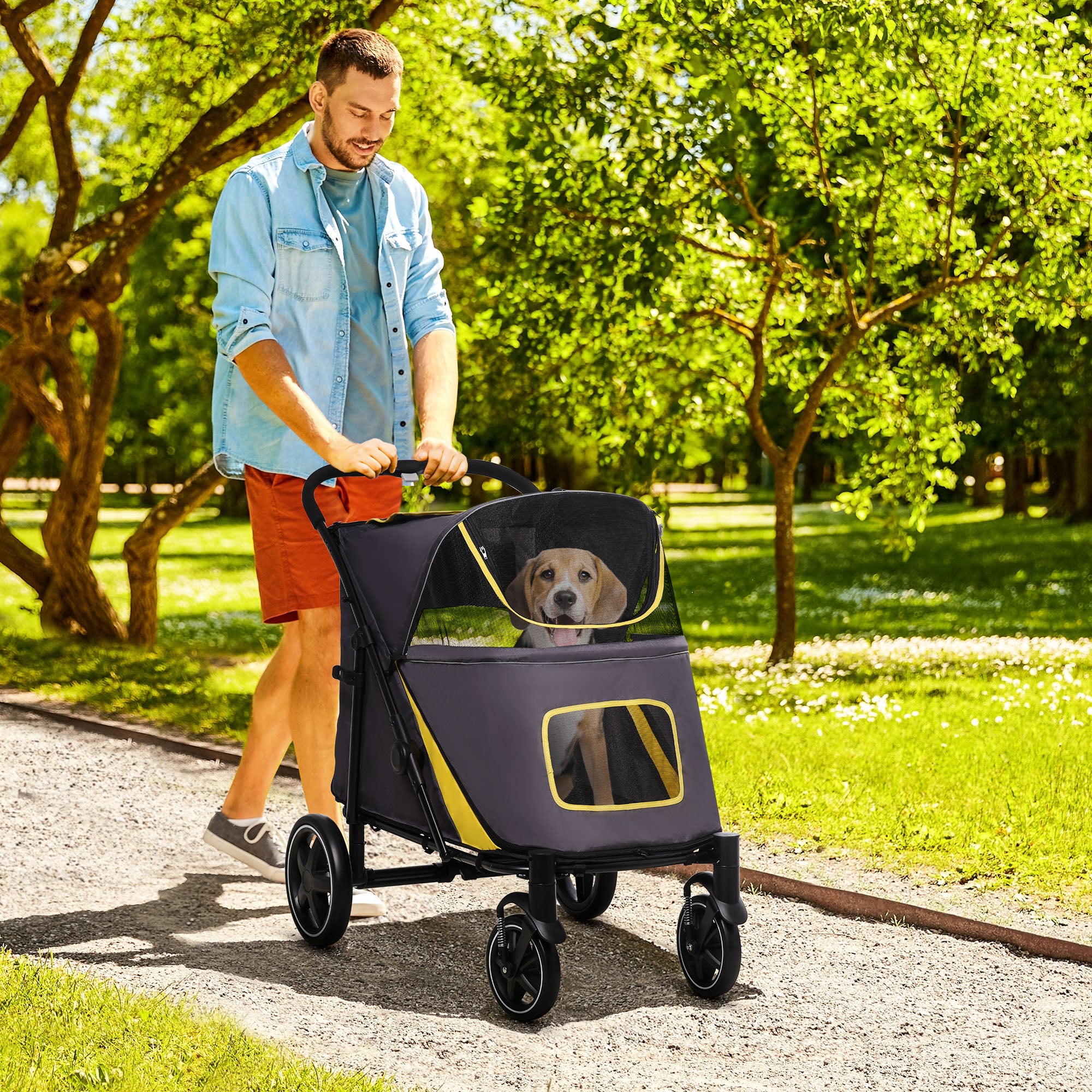 PawHut Pet Stroller with Universal Front Wheels, Shock Absorber, One-Click Foldable Dog Cat Carriage with Brakes, Storage Bags, Safety Leash for Large & Medium Dogs, Dark Gray