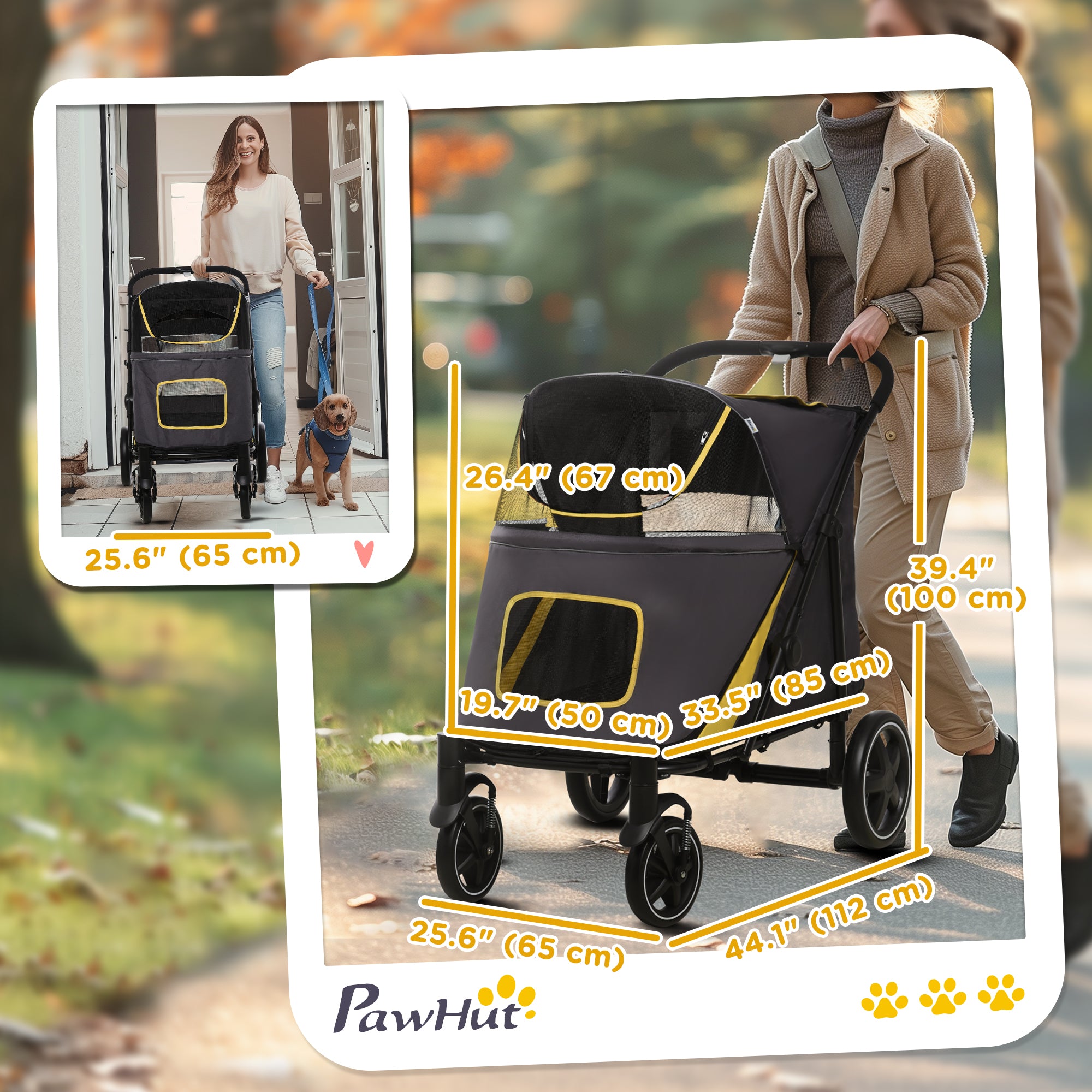 PawHut Pet Stroller with Universal Front Wheels, Shock Absorber, One-Click Foldable Dog Cat Carriage with Brakes, Storage Bags, Safety Leash for Large & Medium Dogs, Dark Gray