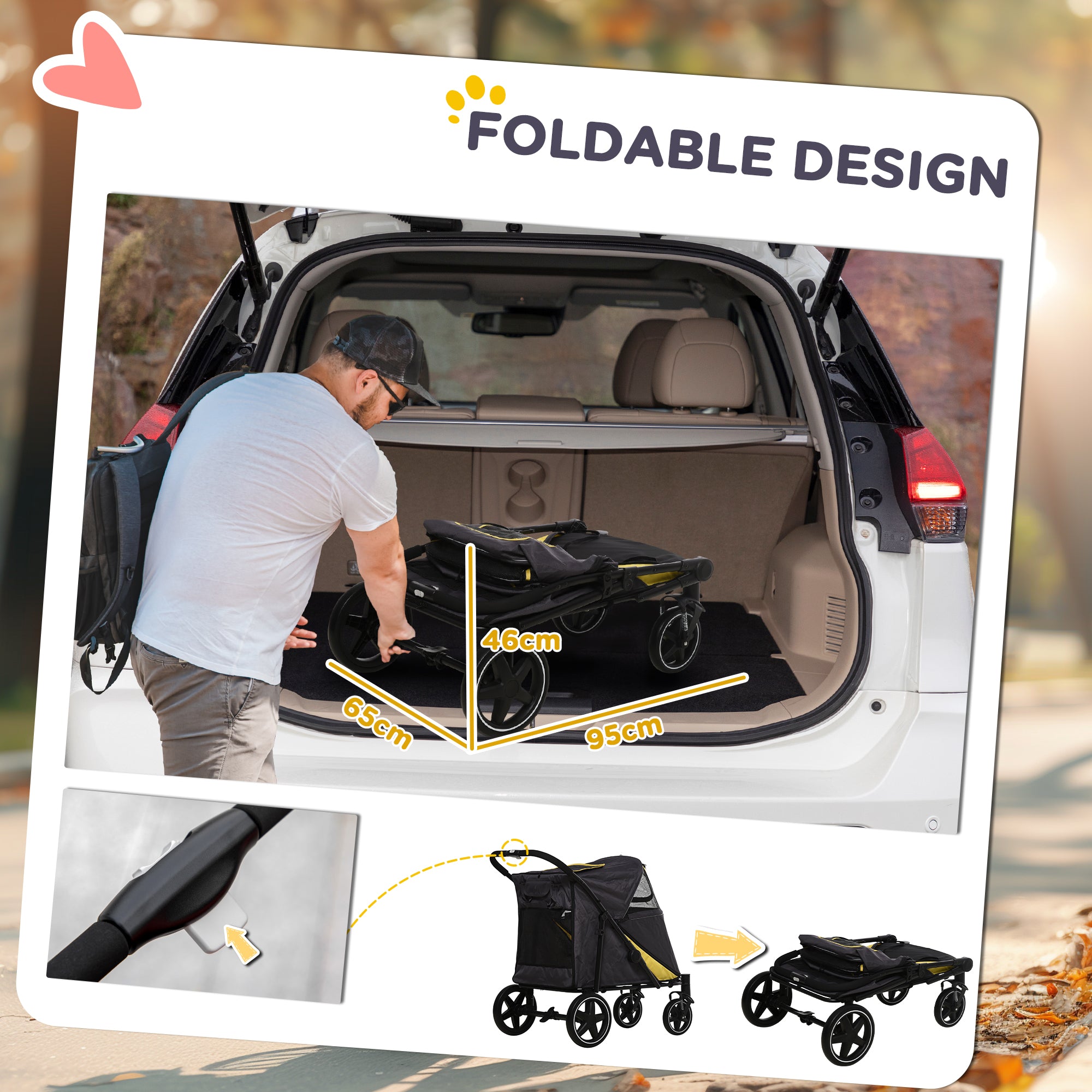 PawHut Pet Stroller with Universal Front Wheels, Shock Absorber, One-Click Foldable Dog Cat Carriage with Brakes, Storage Bags, Safety Leash for Large & Medium Dogs, Dark Gray