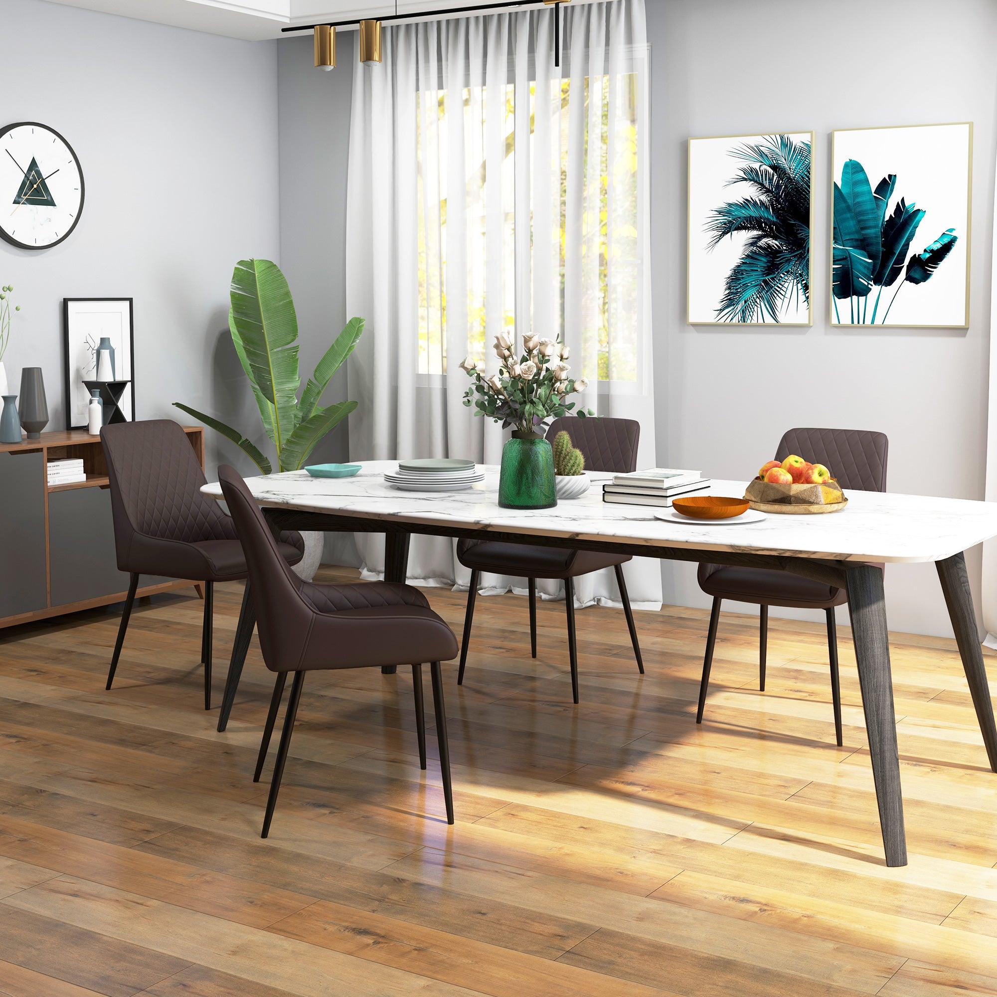 HOMCOM Dining Chairs Set of 4, Modern PU Leather Upholstered Kitchen Chairs with Diamond Tufted Backs and Steel Legs for Living Room, Dining Room, Bedroom, Brown