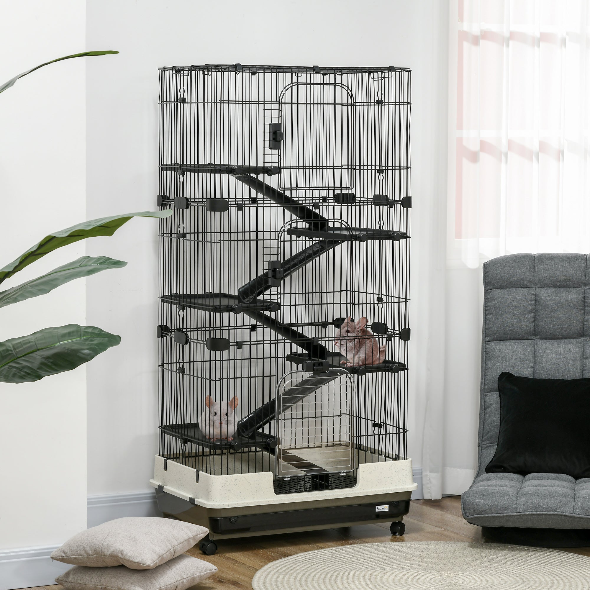 PawHut 63"H 6-Level Small Animal Cage Rabbit Hutch with Universal Lockable Wheels, Slide-Out Tray for Bunny, Chinchillas, Ferret, Black