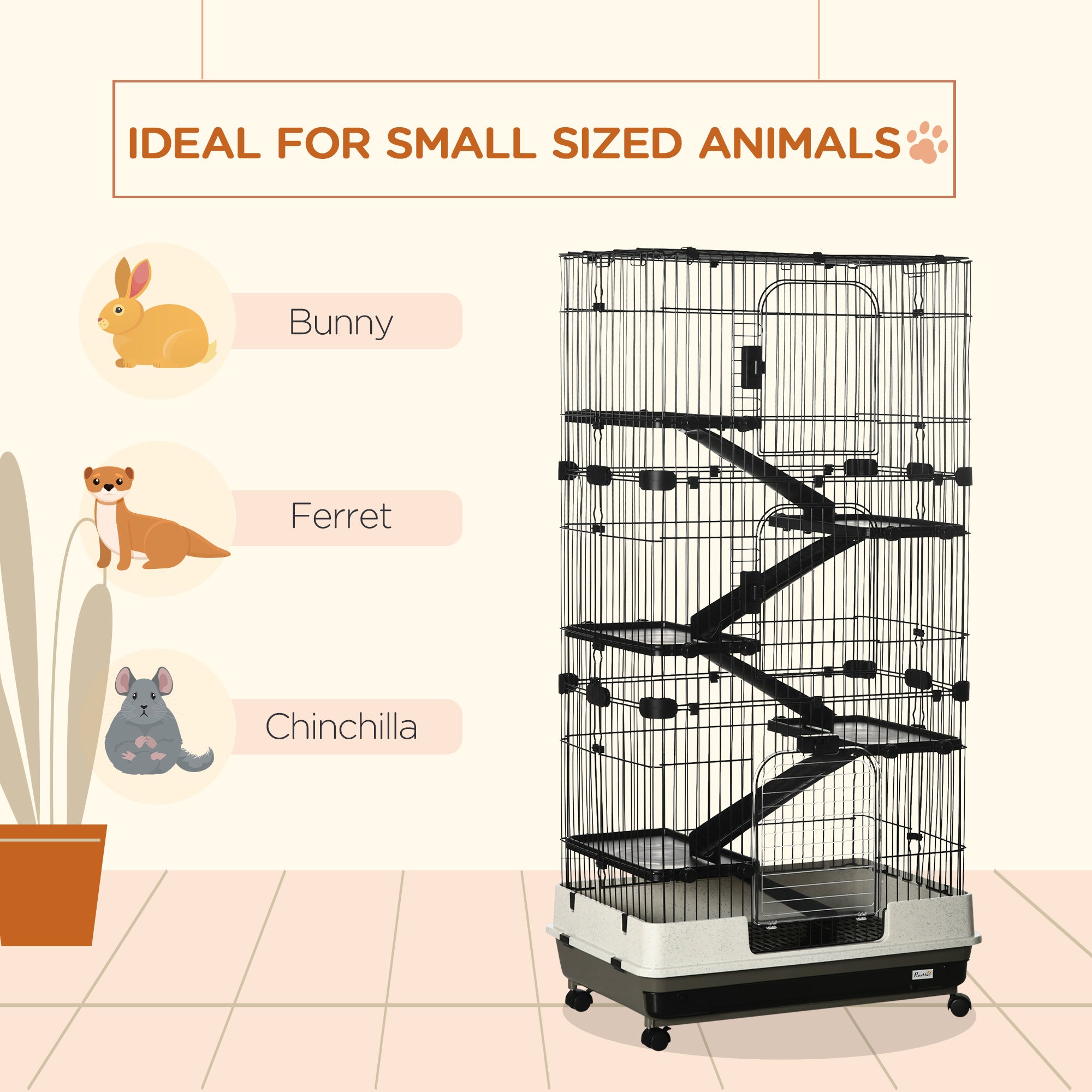 PawHut 63"H 6-Level Small Animal Cage Rabbit Hutch with Universal Lockable Wheels, Slide-Out Tray for Bunny, Chinchillas, Ferret, Black