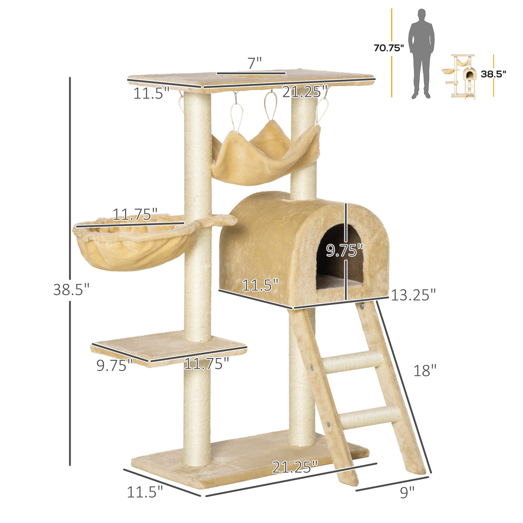 PawHut 39" Deluxe Cat Scratching Tree Kitten Condo Play House Pet Scratcher Multi-level Tower Kitty Furniture with Hammock