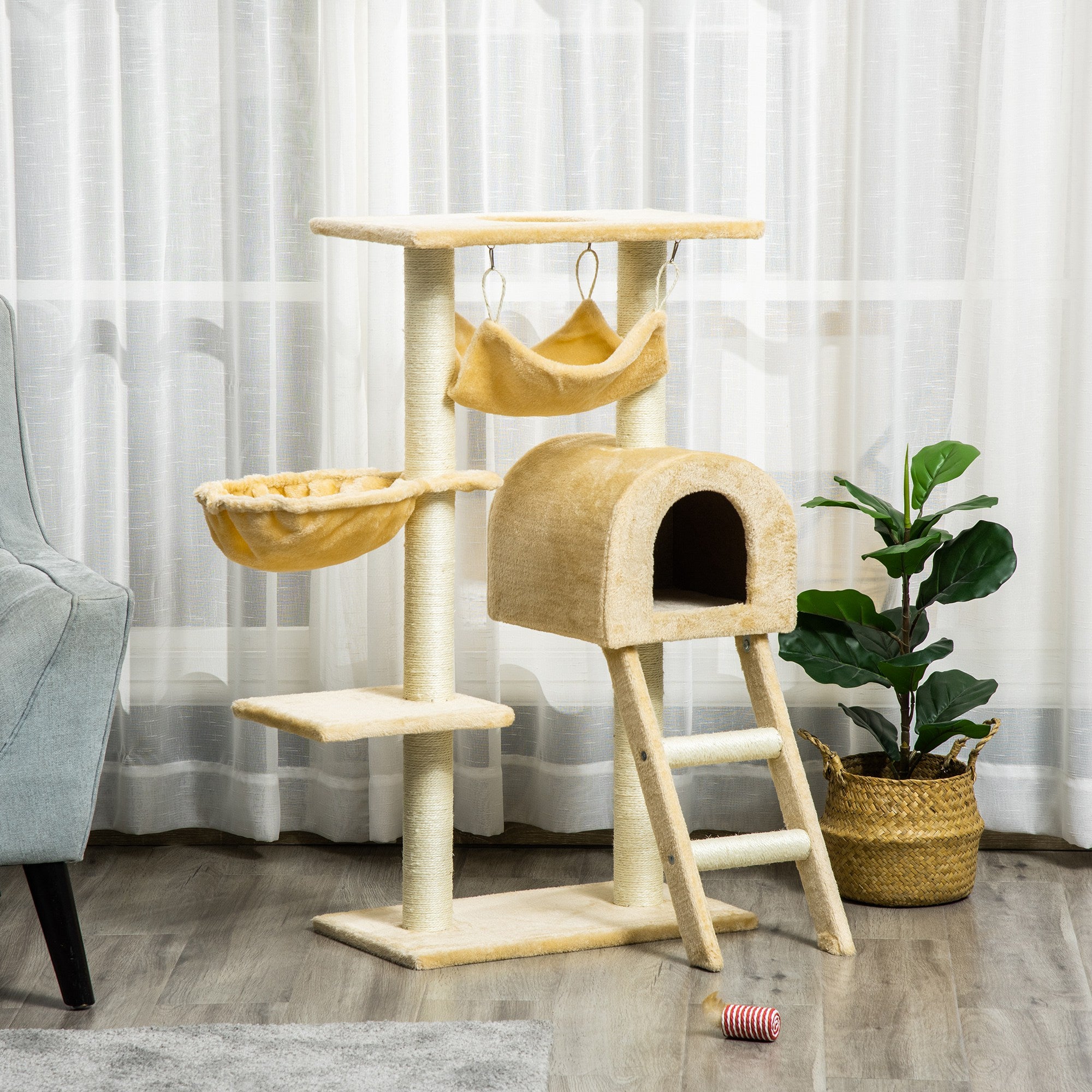 PawHut Cat Tree Tower for Indoor Cats Kitten Activity Centre Scratching Post w/ Hammock House Basket Ladder - Beige