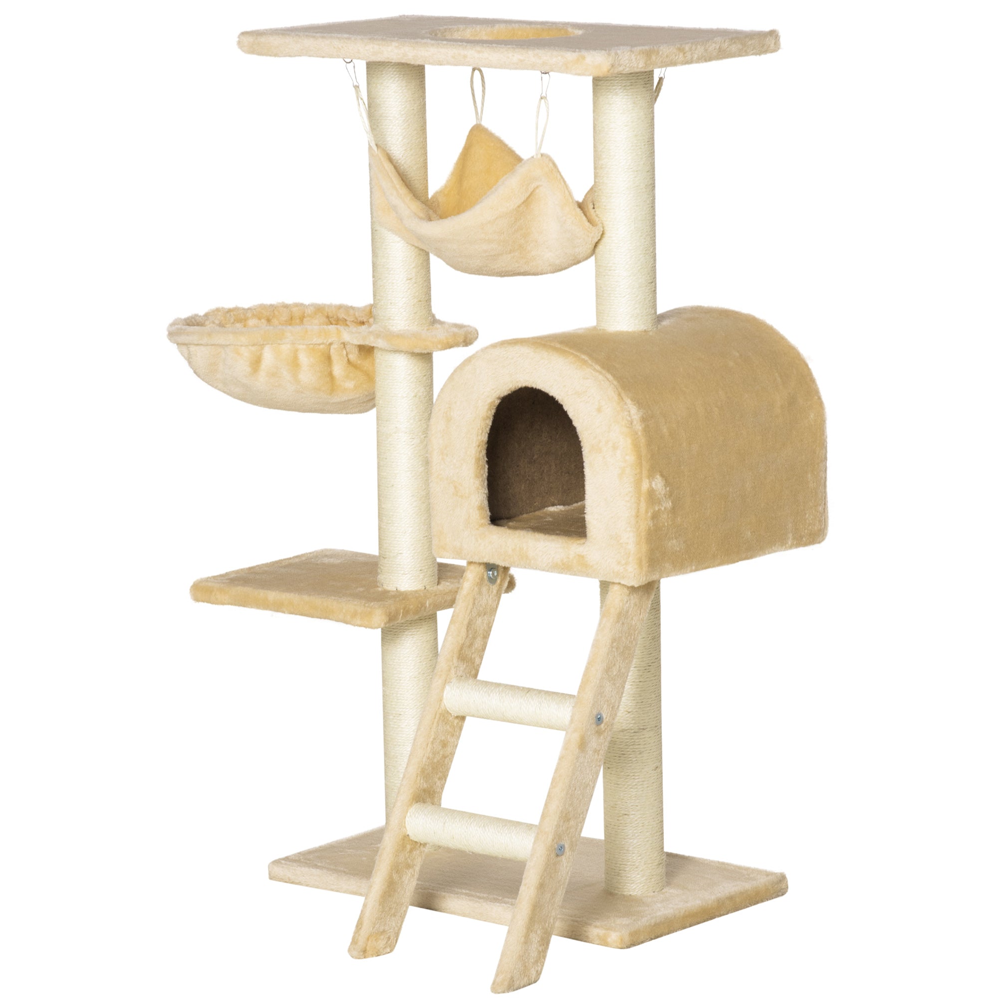 PawHut Cat Tree Tower for Indoor Cats Kitten Activity Centre Scratching Post w/ Hammock House Basket Ladder - Beige