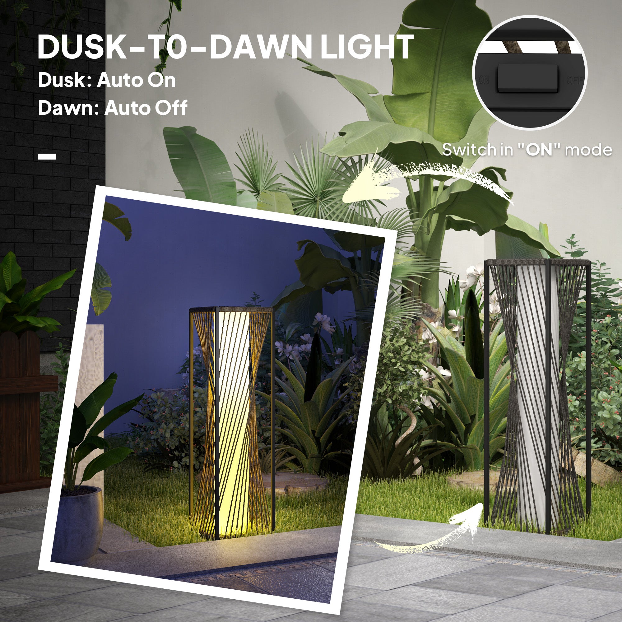Outsunny Rattan Solar Floor Lamp, Solar Powered Outdoor Lamp with Auto On/Off LED Lights, IP44 Waterproof, Decorative Outdoor Lantern for Patio, Porch, Pathway, Grey