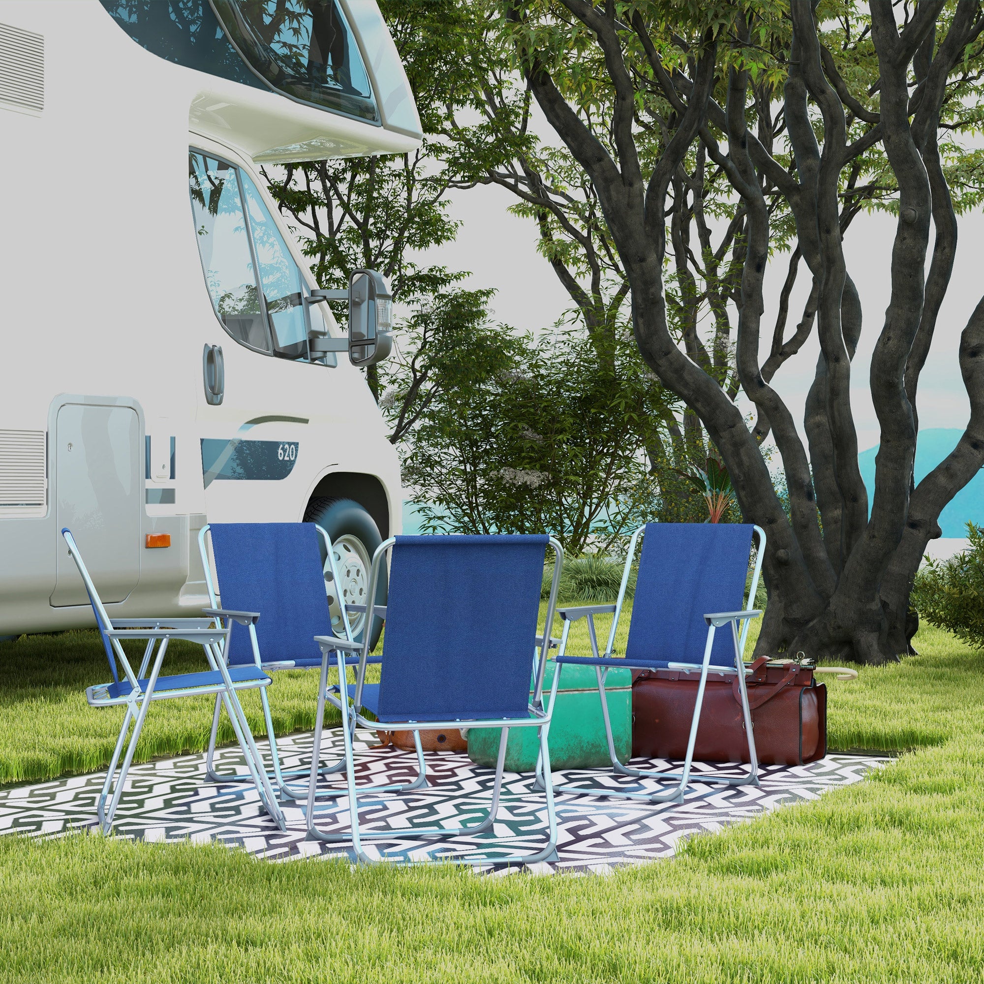 Outsunny 4 Pack Outdoor Folding Chair Set, Portable Camping Chairs with Armrest, Oxford Fabric Seat, Outdoor Chairs for Garden, Backyard, Lawn, Dark Blue