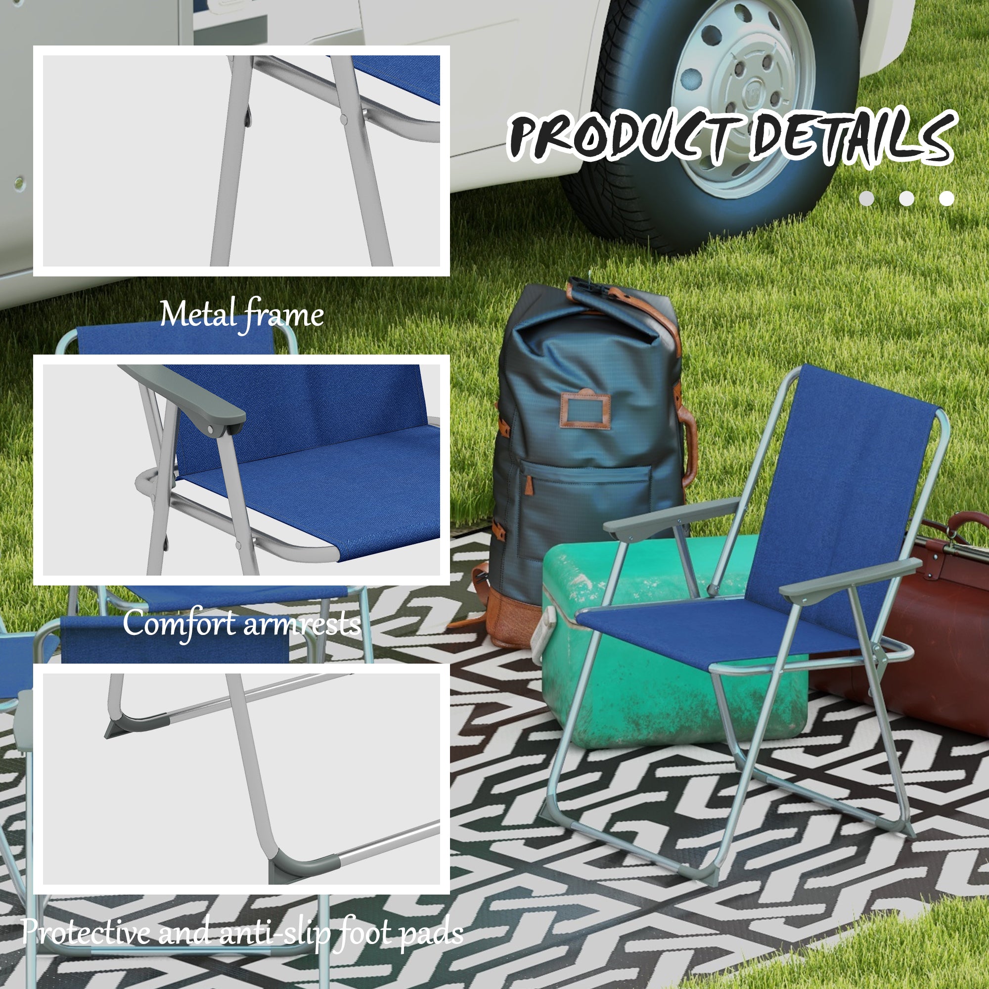 Outsunny 4 Pack Outdoor Folding Chair Set, Portable Camping Chairs with Armrest, Oxford Fabric Seat, Outdoor Chairs for Garden, Backyard, Lawn, Dark Blue
