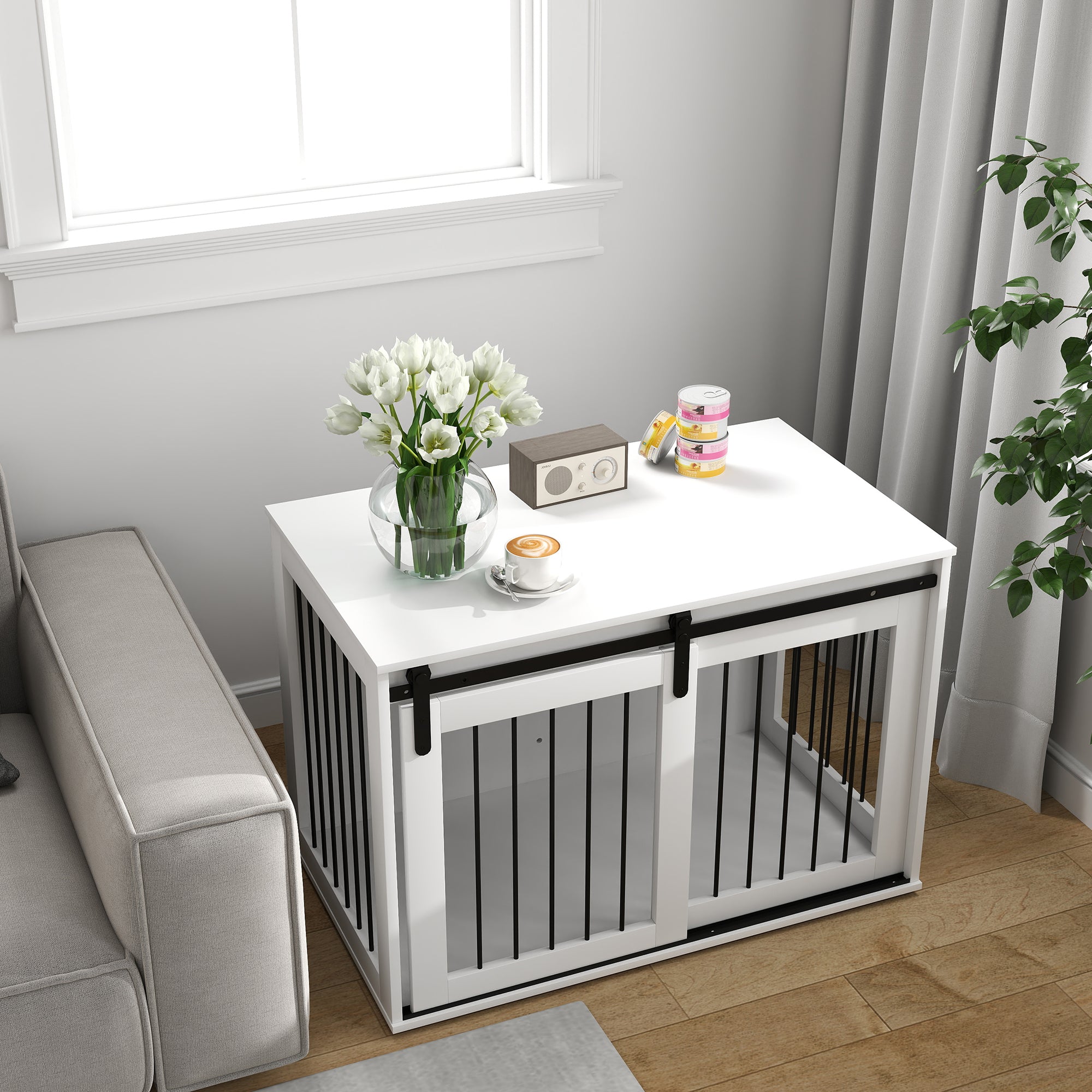 PawHut Dog Crate Furniture, 39" Dog Crate End Table Indoor Dog House for Large Dogs, with Sliding Door, Lock, White