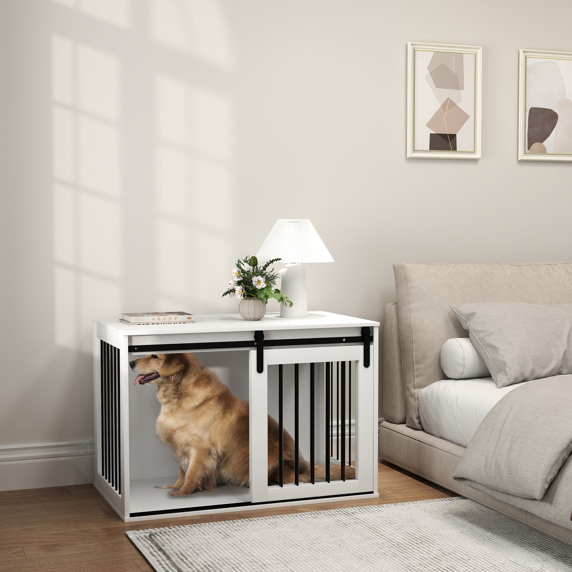 PawHut Dog Crate Furniture, 39" Dog Crate End Table Indoor Dog House for Large Dogs, with Sliding Door, Lock, White