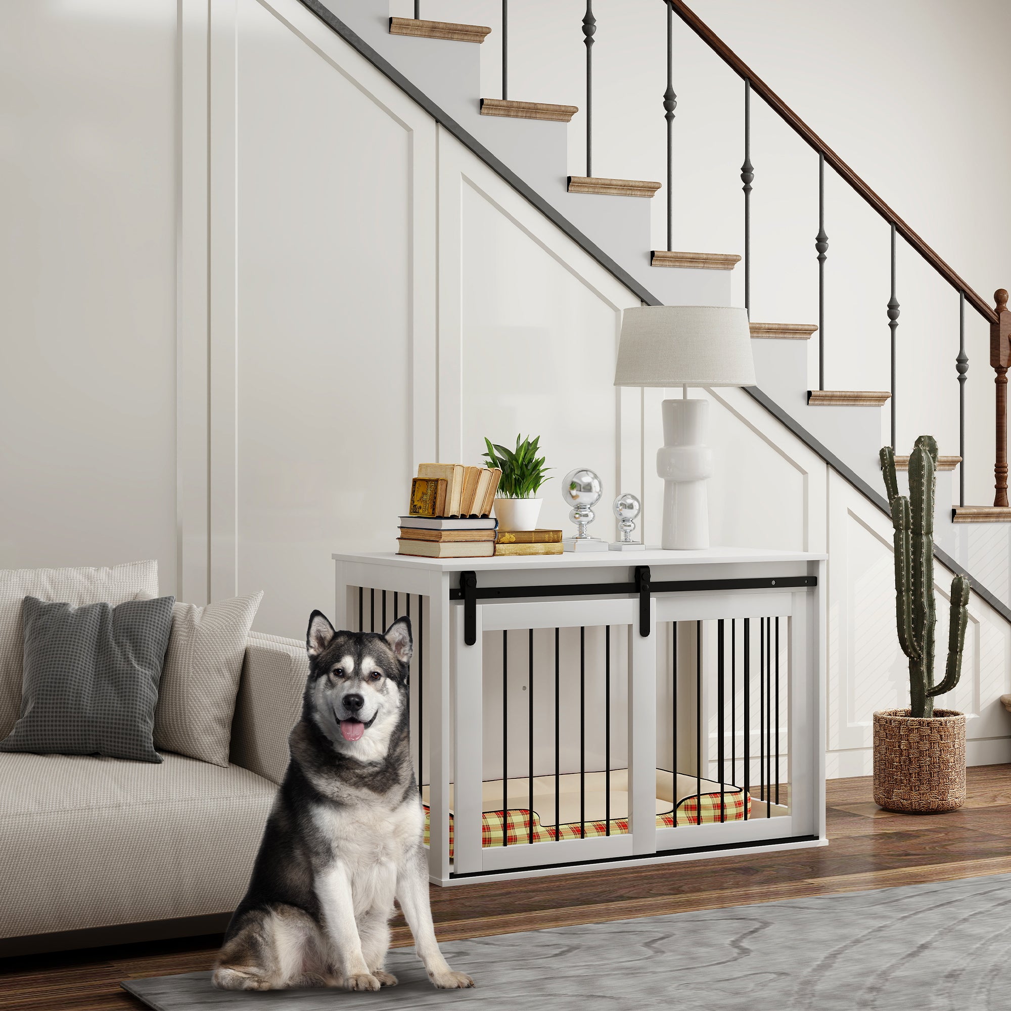 PawHut Dog Crate Furniture, 39" Dog Crate End Table Indoor Dog House for Large Dogs, with Sliding Door, Lock, White