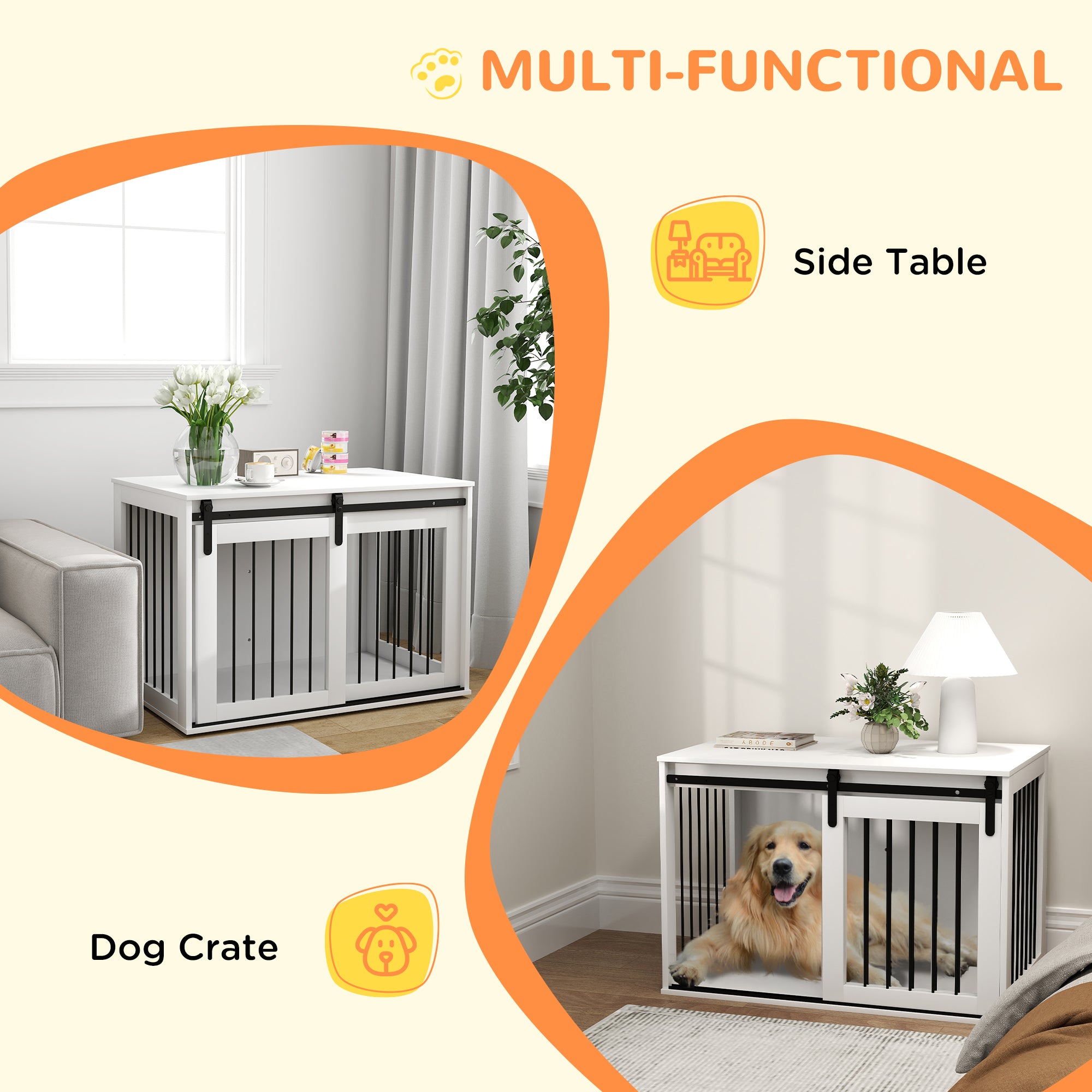 PawHut Dog Crate Furniture, 39" Dog Crate End Table Indoor Dog House for Large Dogs, with Sliding Door, Lock, White