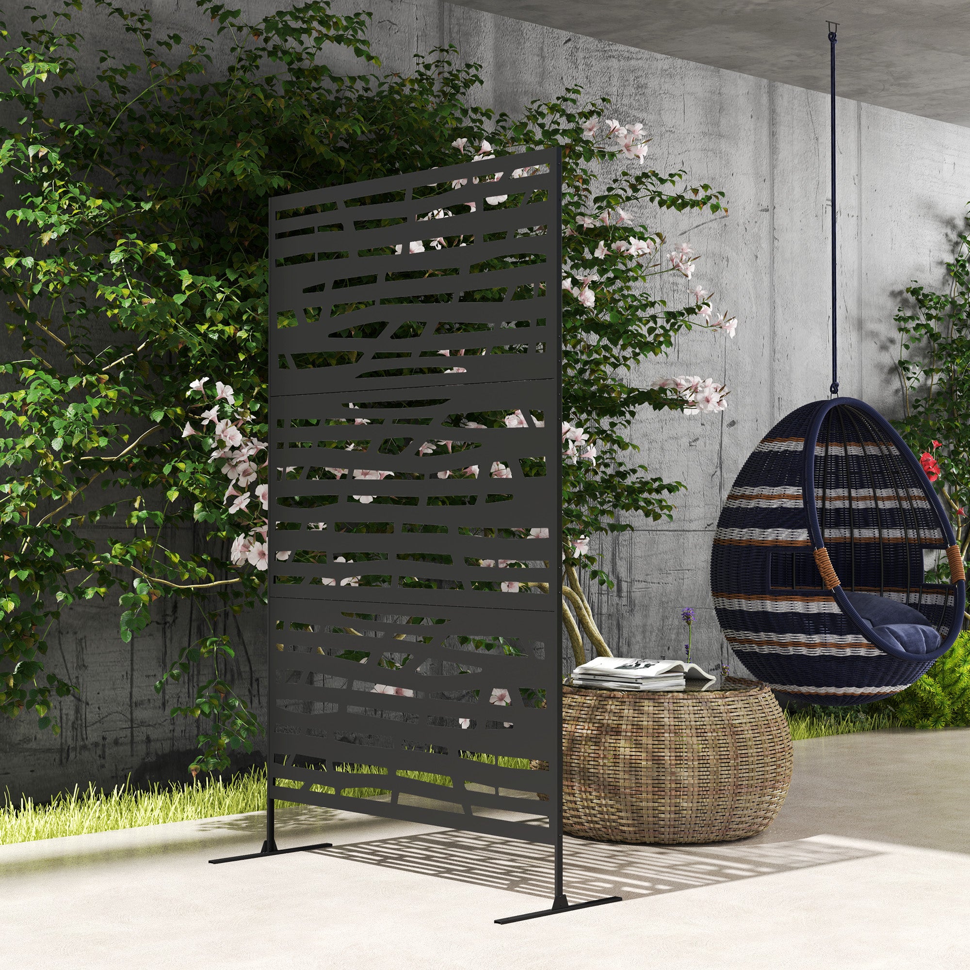 Outsunny Metal Outdoor Privacy Screen, 78"H x 48"W Decorative Outdoor Divider with Stand, Freestanding Privacy Panel with Striped Hollow Design for Garden, Patio, Backyard, Black