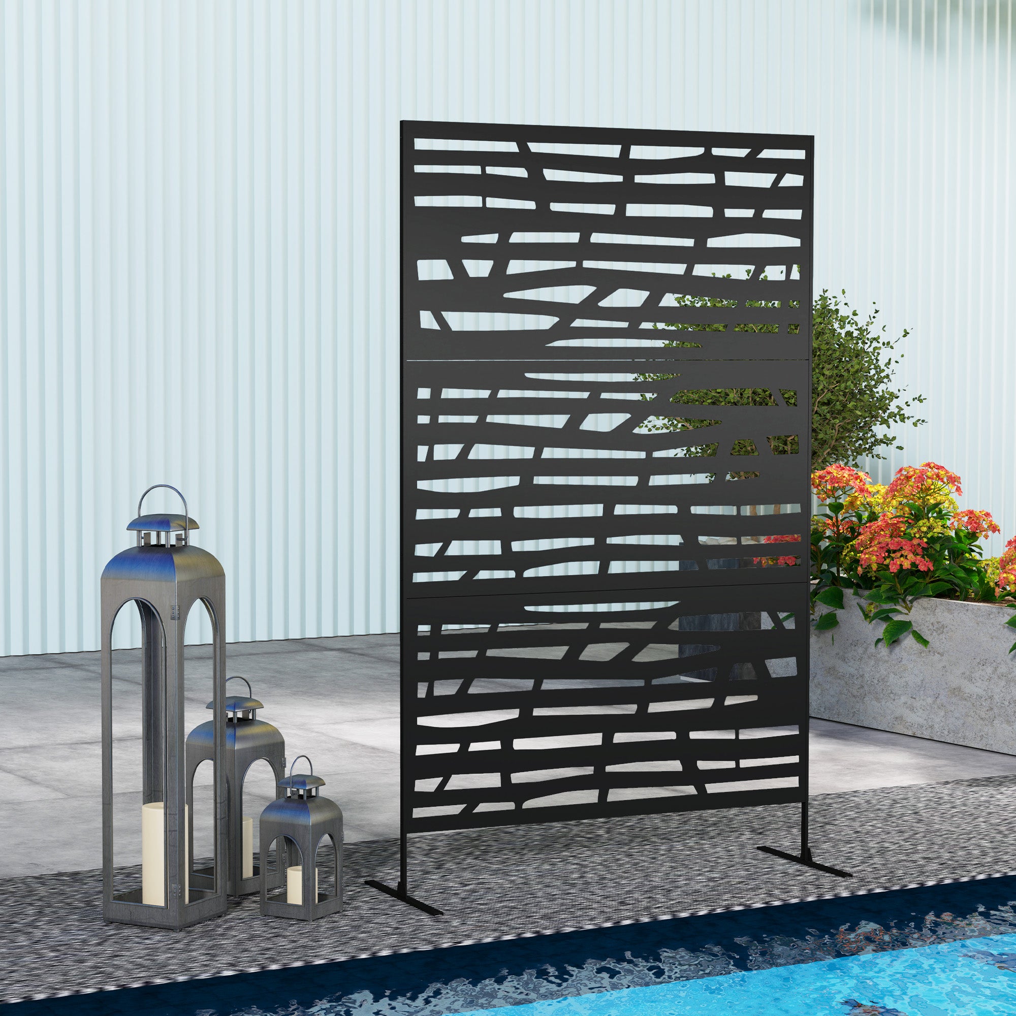 Outsunny Metal Outdoor Privacy Screen, 78"H x 48"W Decorative Outdoor Divider with Stand, Freestanding Privacy Panel with Striped Hollow Design for Garden, Patio, Backyard, Black