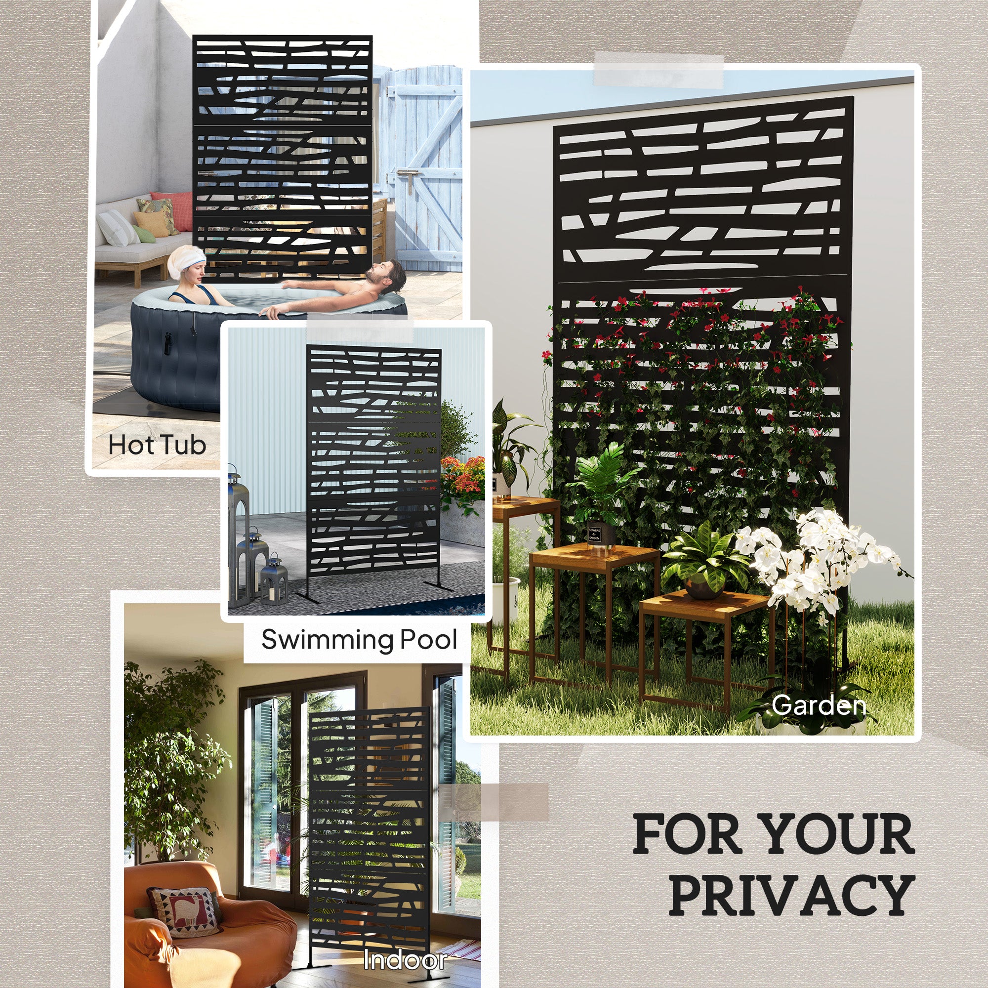 Outsunny Metal Outdoor Privacy Screen, 78"H x 48"W Decorative Outdoor Divider with Stand, Freestanding Privacy Panel with Striped Hollow Design for Garden, Patio, Backyard, Black