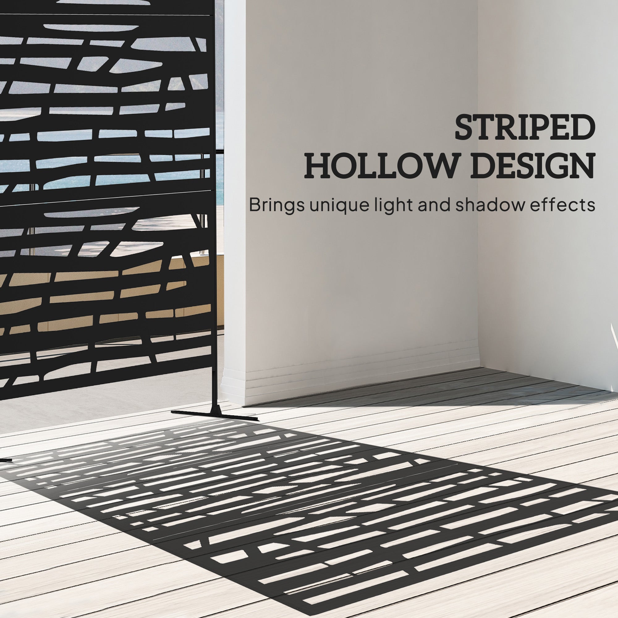 Outsunny Metal Outdoor Privacy Screen, 78"H x 48"W Decorative Outdoor Divider with Stand, Freestanding Privacy Panel with Striped Hollow Design for Garden, Patio, Backyard, Black