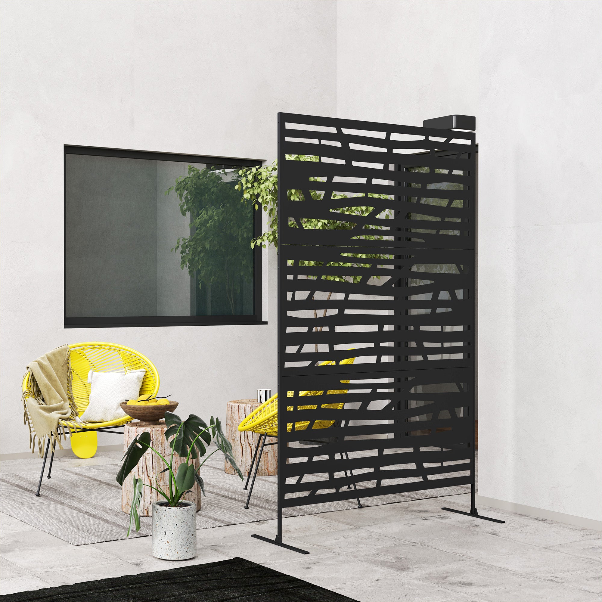Outsunny Metal Outdoor Privacy Screen, 78"H x 48"W Decorative Outdoor Divider with Stand, Freestanding Privacy Panel with Striped Hollow Design for Garden, Patio, Backyard, Black