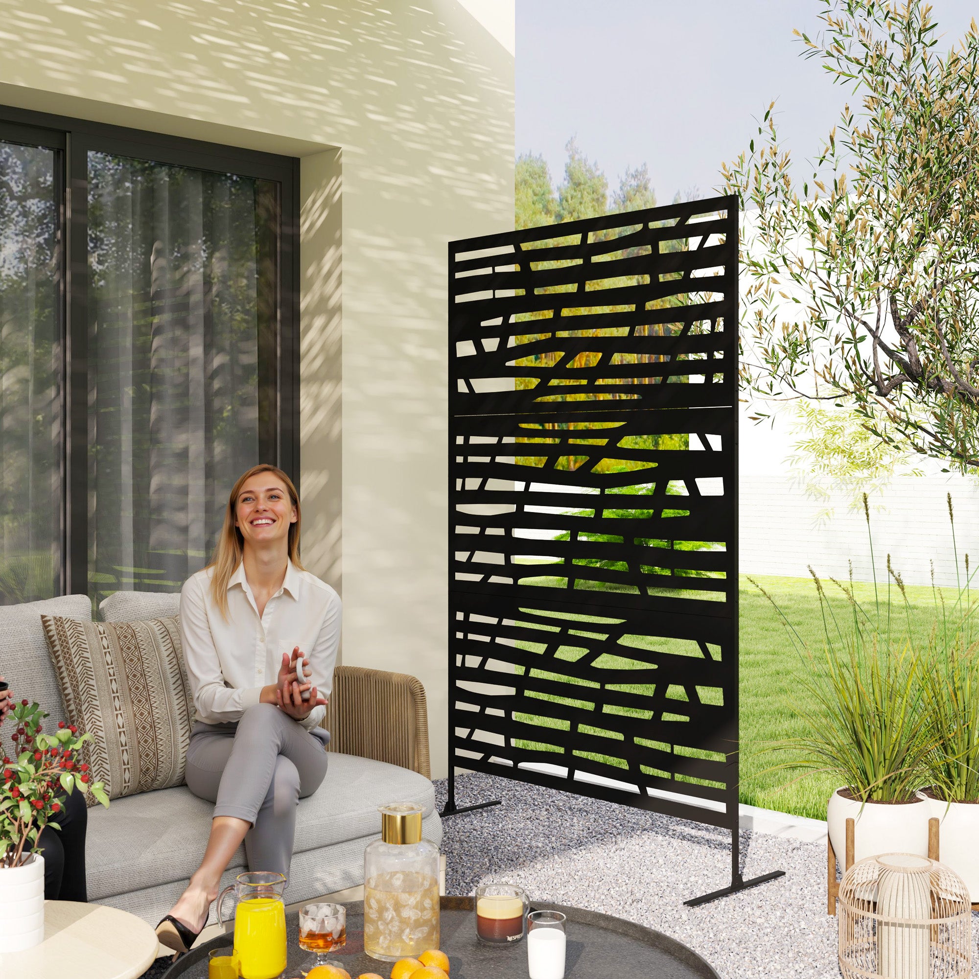 Outsunny Metal Outdoor Privacy Screen, 78"H x 48"W Decorative Outdoor Divider with Stand, Freestanding Privacy Panel with Striped Hollow Design for Garden, Patio, Backyard, Black