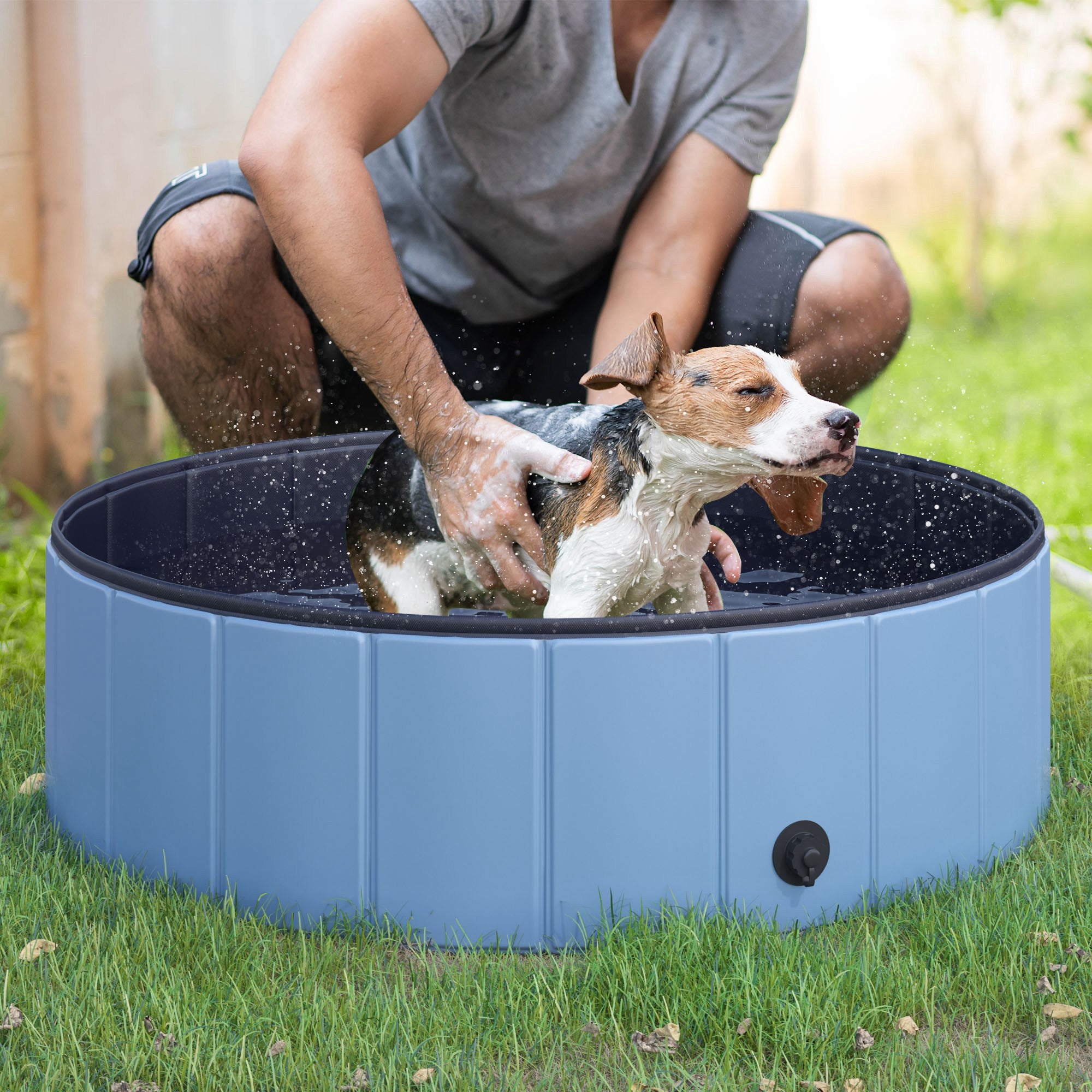 PawHut Foldable Dog Paddling Pool Pet Cat Swimming Pool Indoor/Outdoor Collapsible Summer Bathing Tub Shower Tub Puppy Washer (Φ100 x 30H cm, Blue)