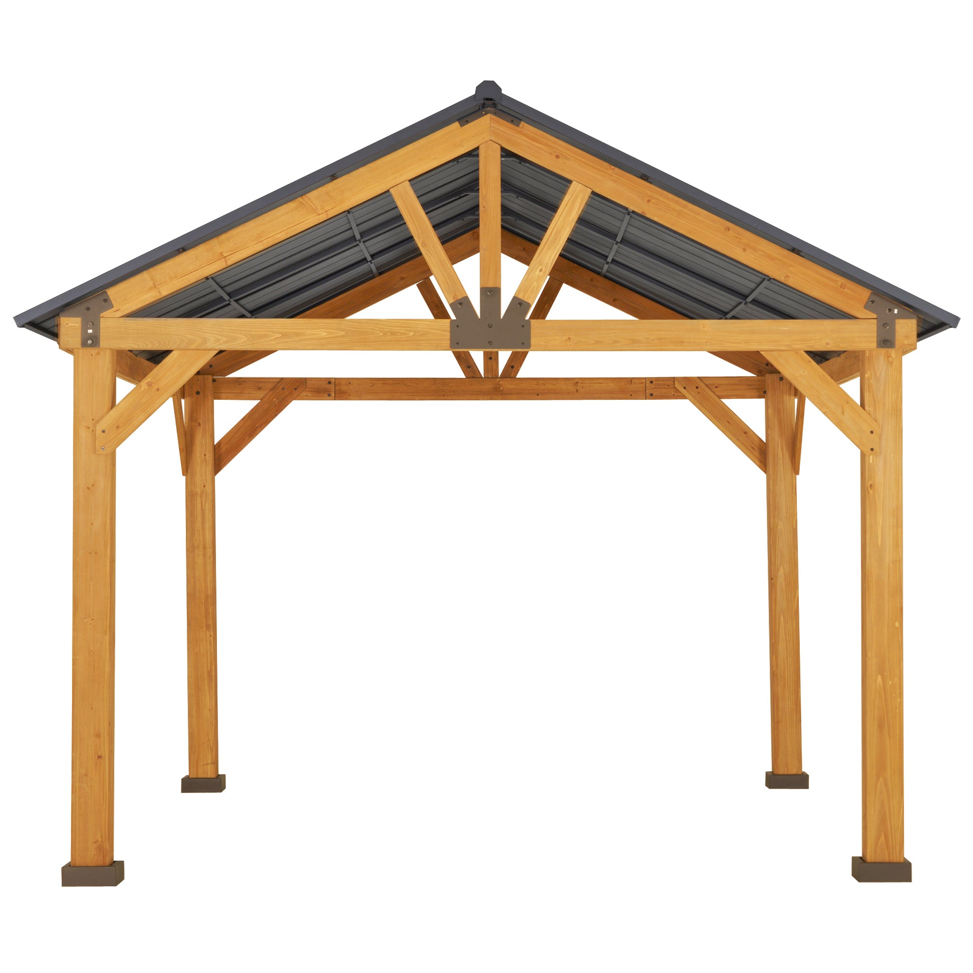 Outsunny 11' x 13' Wooden Gazebo Canopy Outdoor Sun Shade Shelter w/ Steel Roof, Solid Wood, Black & Natural